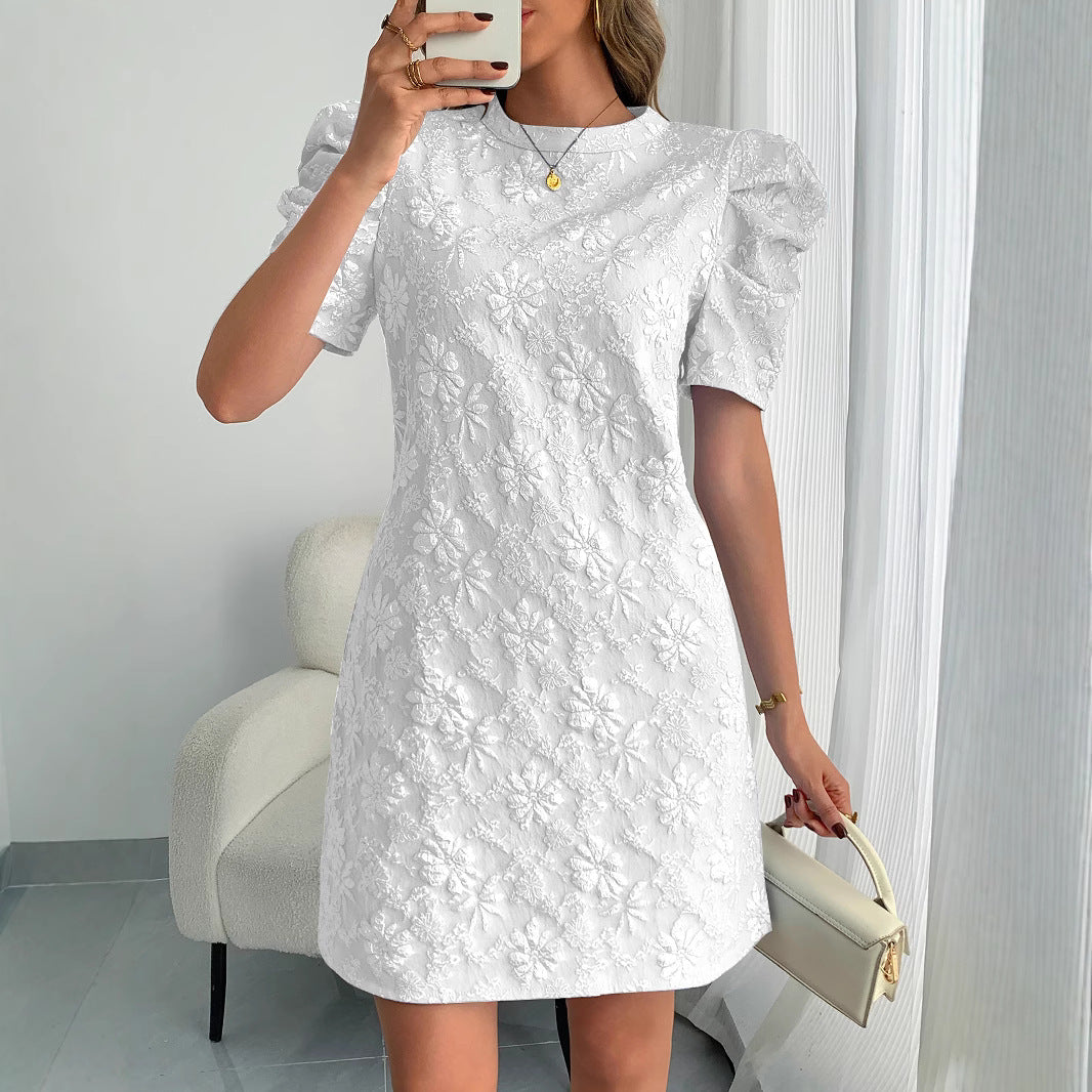 Summer Women Bubble Sleeve Texture Jacquard round Neck Retro Dress