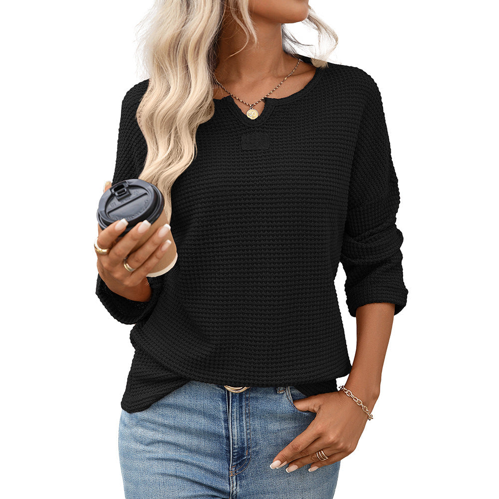 Women Clothing Season Autumn Striped Waffle Knitted Top T shirt Women