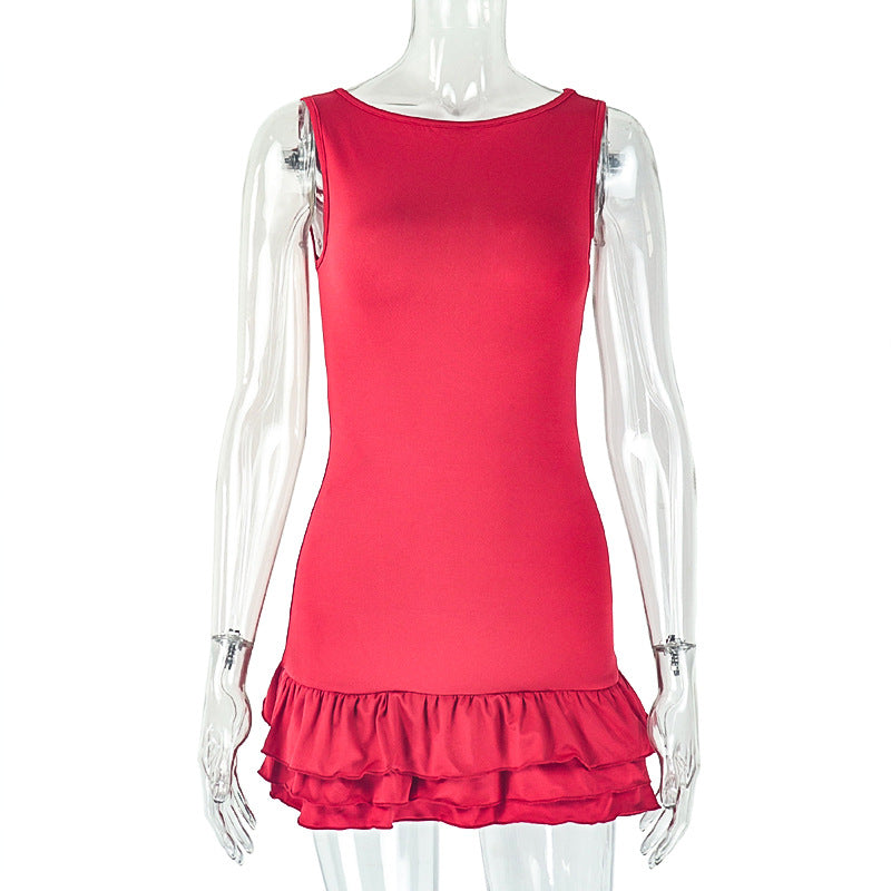 Women Wear Slim Fitting Cool Pleated Sleeveless round Neck Solid Color Office Short Dress