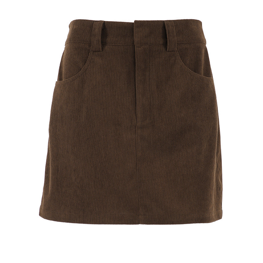 Retro Corduroy Skirt Women Short Autumn High Waist Office All Matching Slimming A line Sheath Skirt(Without Belt)