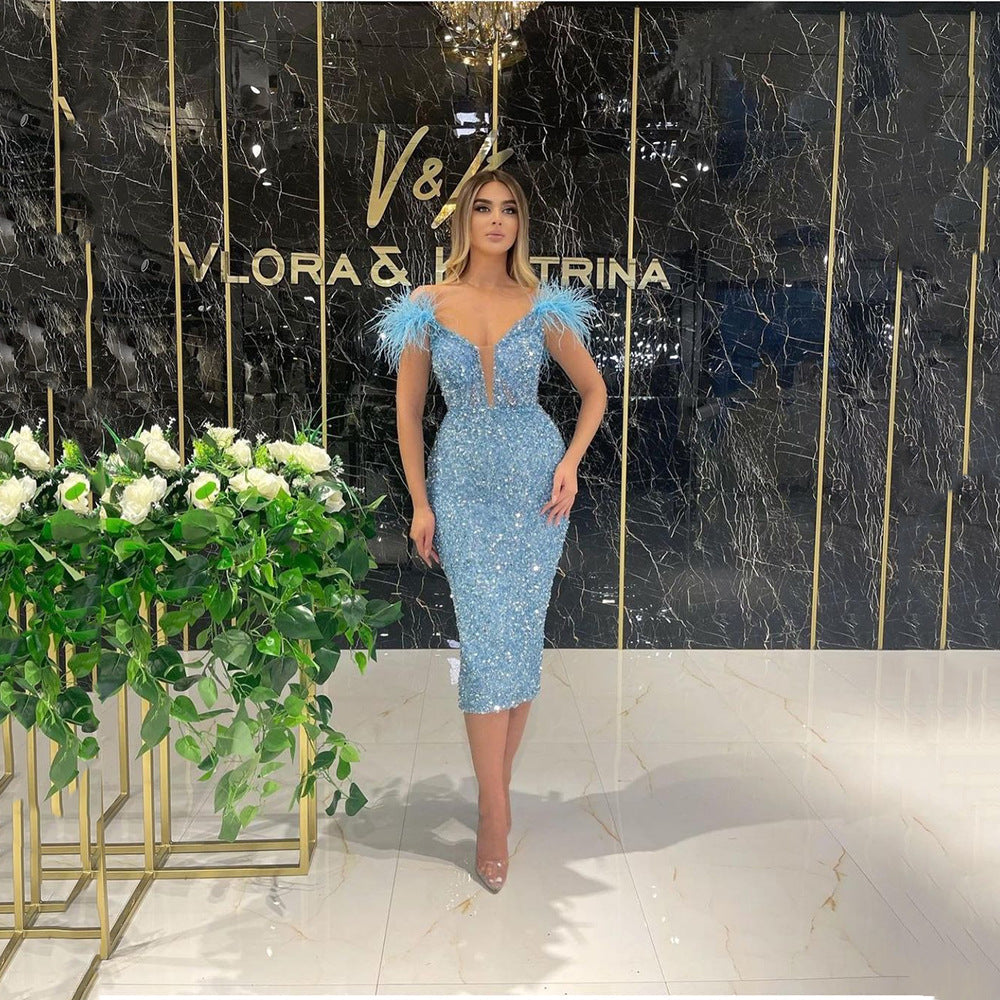 Spring Summer Women Deep V Plunge Sequ Sexy Evening Dress Feather Sequ Sleeveless Formal Dress