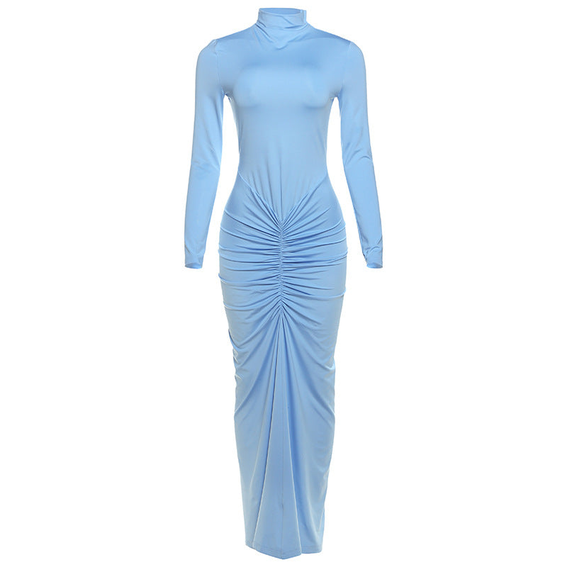 Women Clothing Autumn Solid Color Elegant Slim Slimming Pleated Turtleneck Long Sleeve Dress