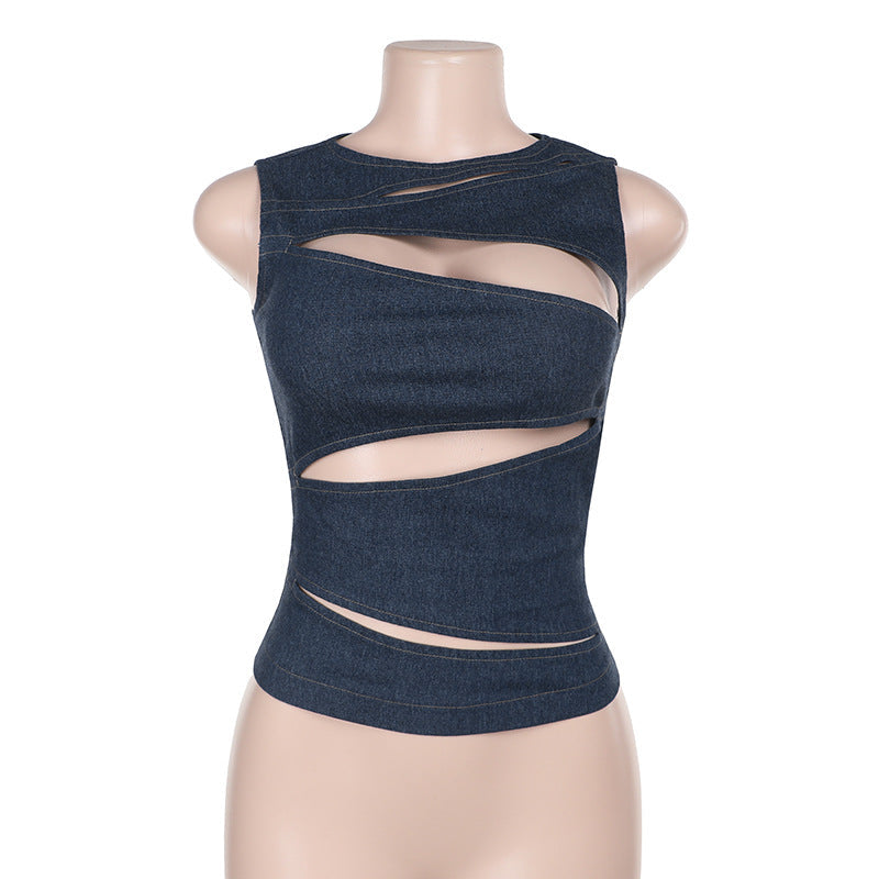 Summer Women Clothing Sexy Cutout Imitation Denim Vest Top for Women