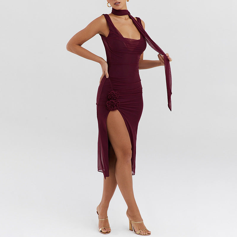Sexy Trend Mesh Stitching Swing Collar Sleeveless Split Backless Hip Dress