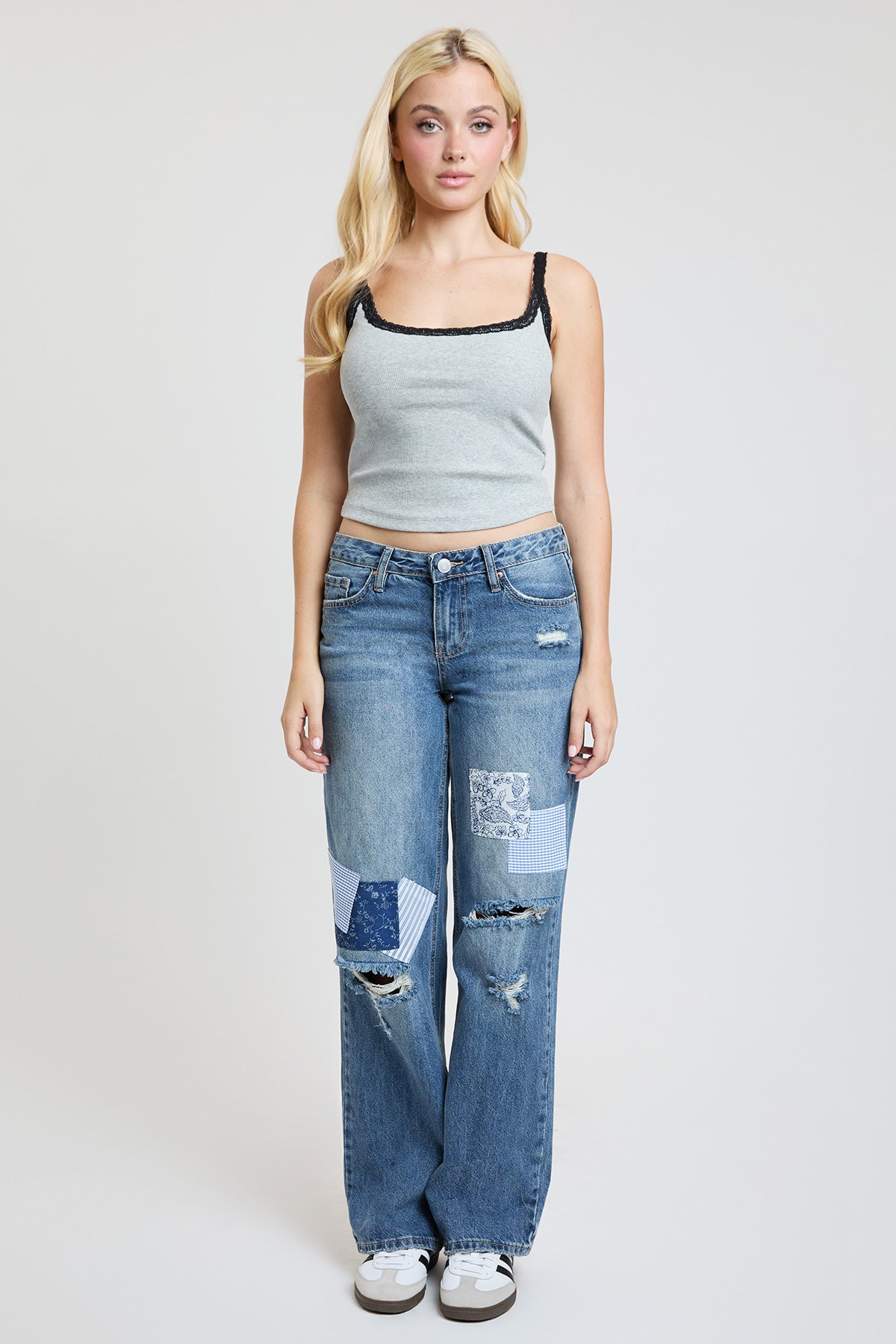 Women's Low Rise Patchwork Wide Leg Jeans