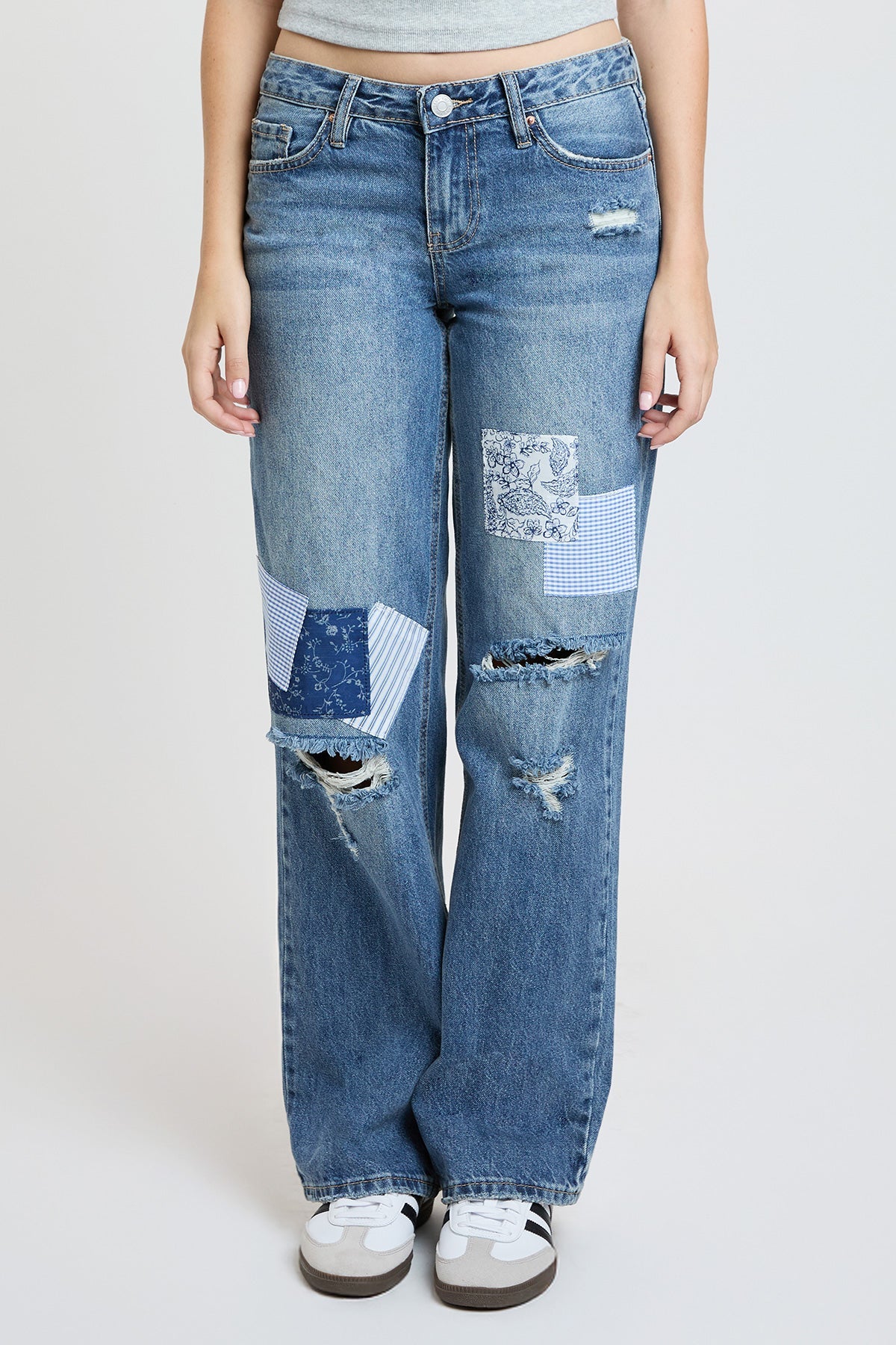 Women's Low Rise Patchwork Wide Leg Jeans