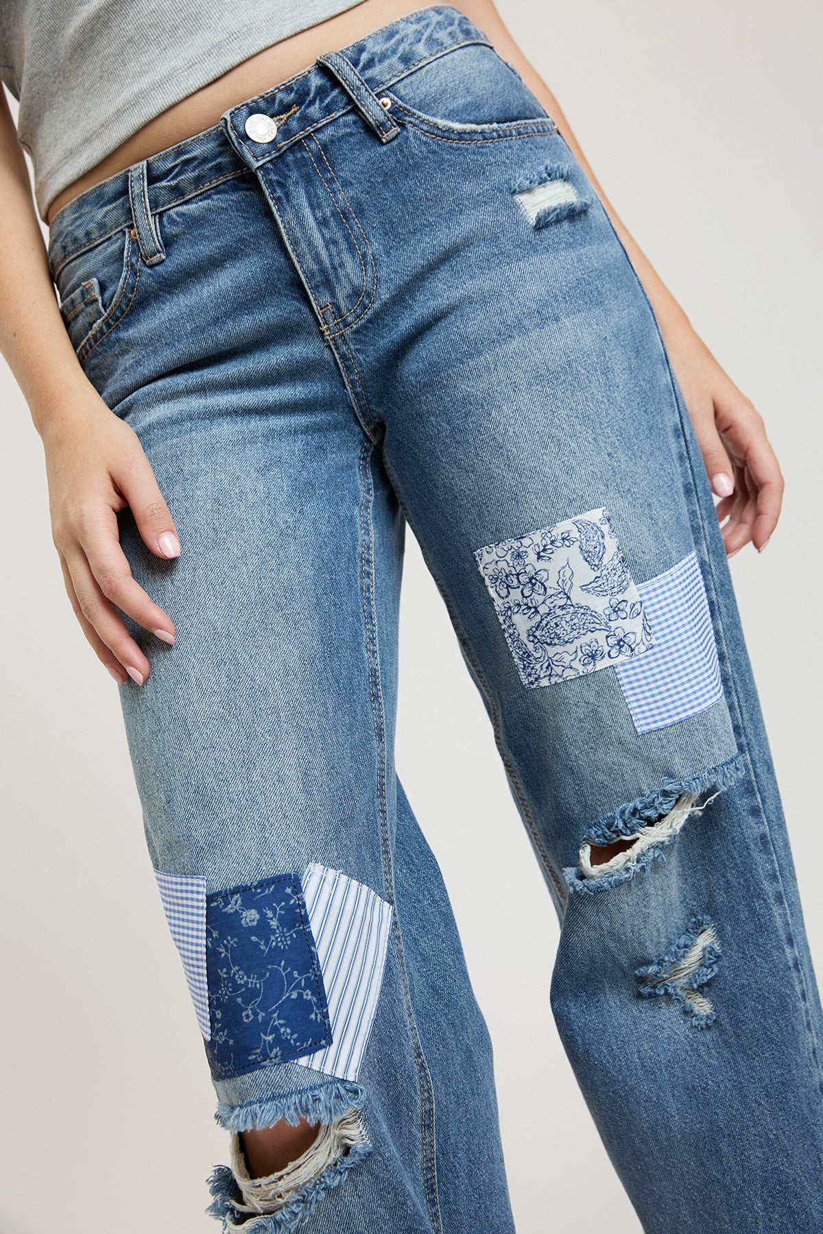 Women's Low Rise Patchwork Wide Leg Jeans