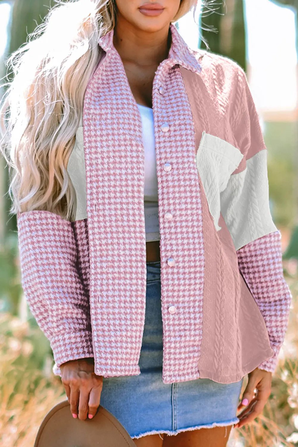 T-Shirts Love Salve Pink Houndstooth Women's Shacket: Casual Chic Color Contrast Textured Patchwork