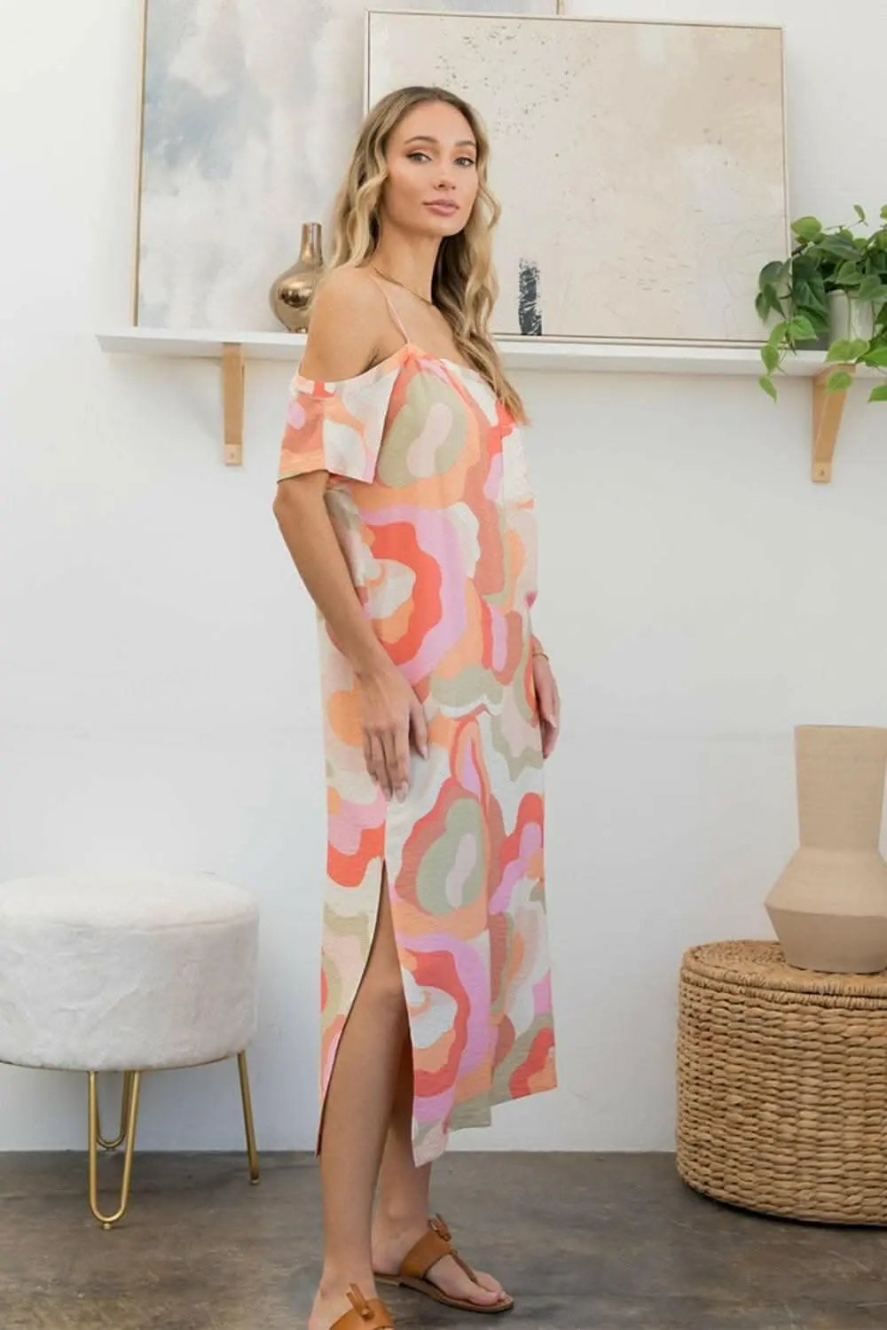 Dresses Trendsi Printed Midi Dress Women's USA Fashion Side Slit Casual Dress