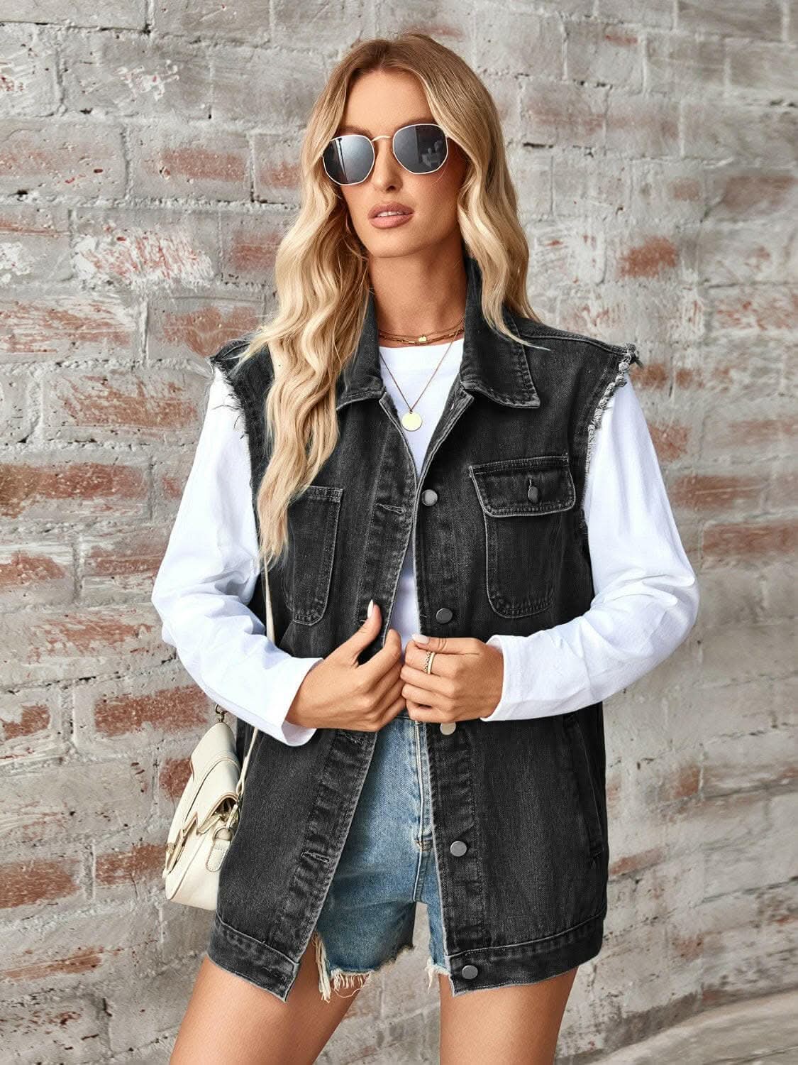 Jackets Trendsi Sleeveless denim jacket with raw hem