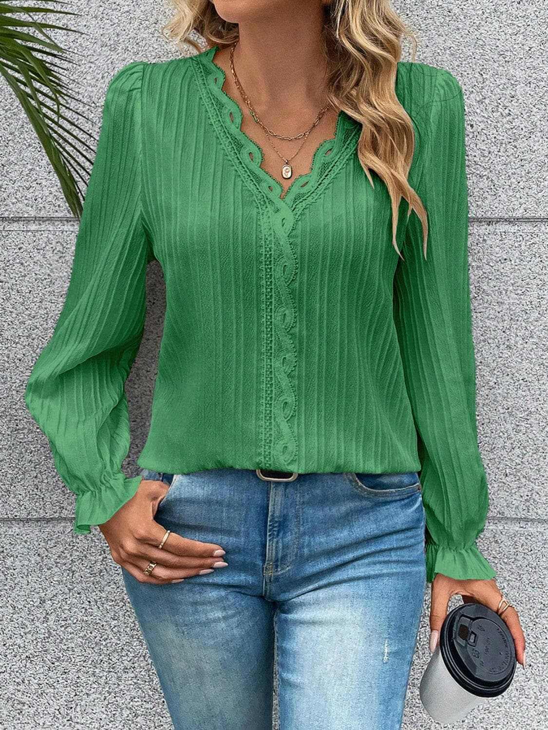 Accessories Trendsi Lace Blouse Women's Elegant V-Neck Flutter Sleeve Top Stylish