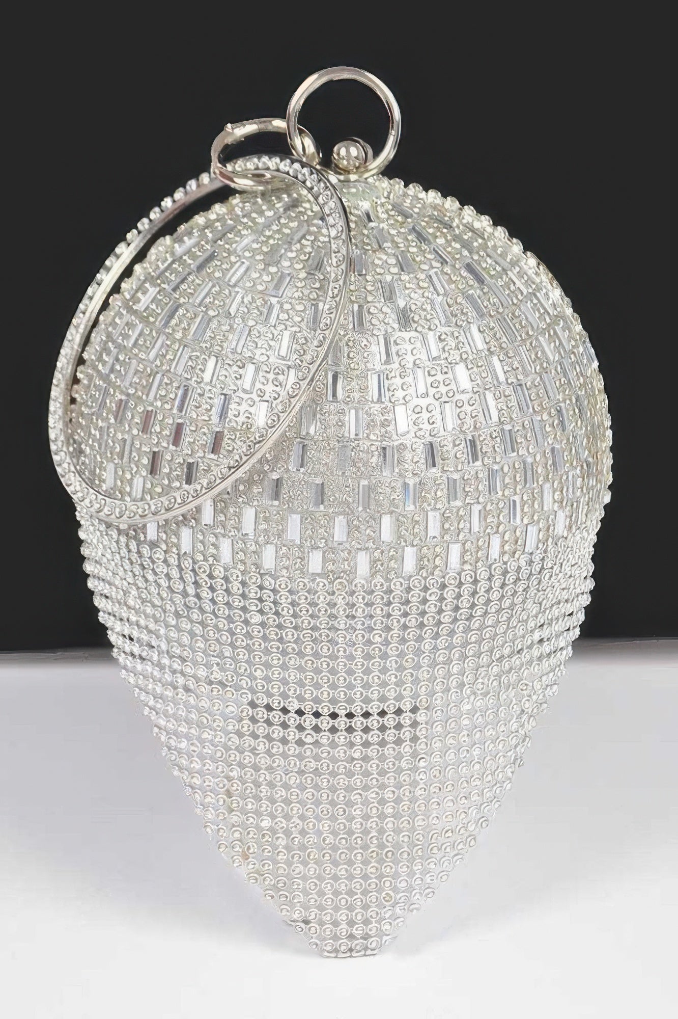 Rhinestone Glass Silver Tone Round Ball Clutch Handbag