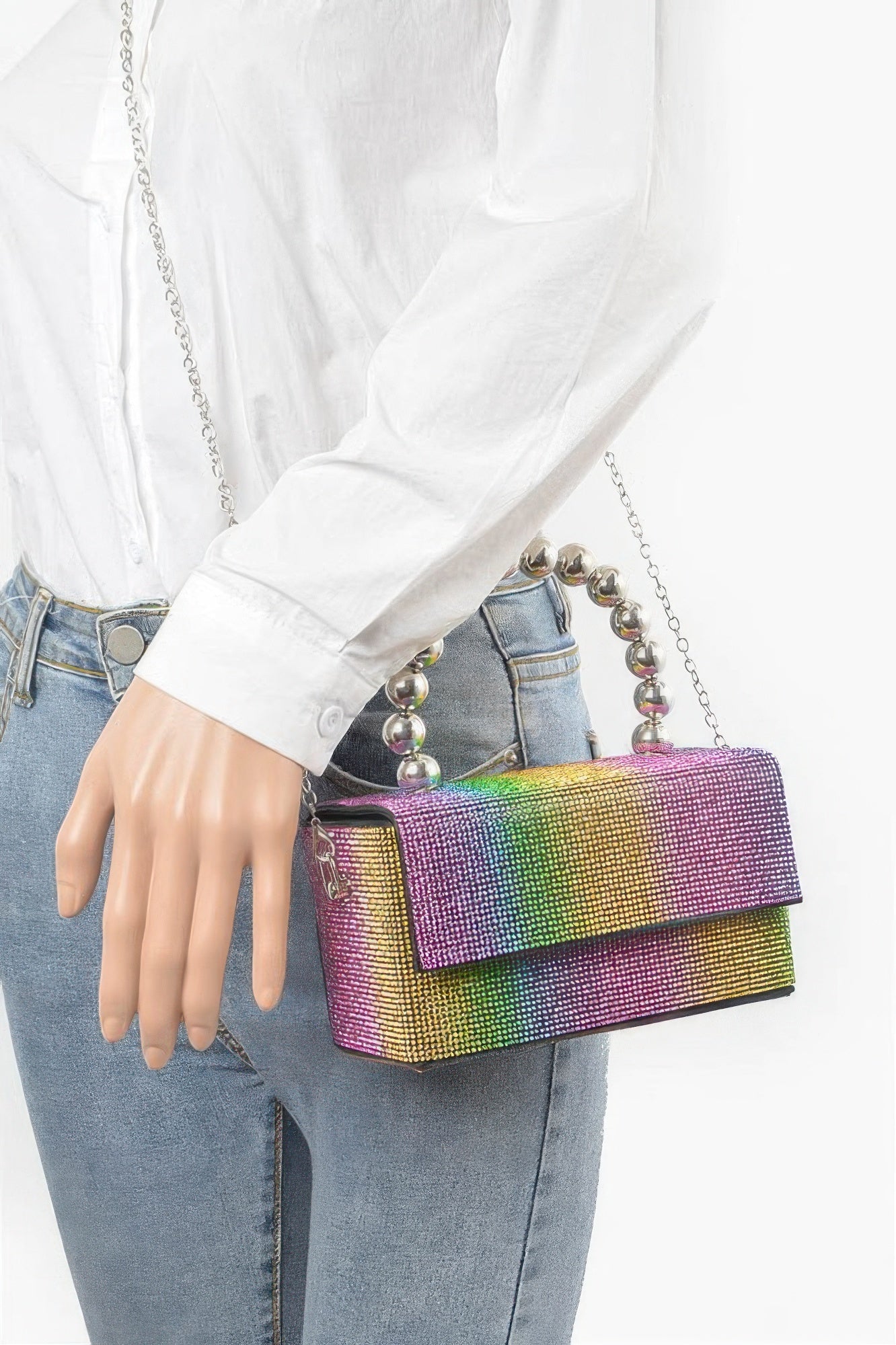 Rhinestone Ball Chain Handle Bag