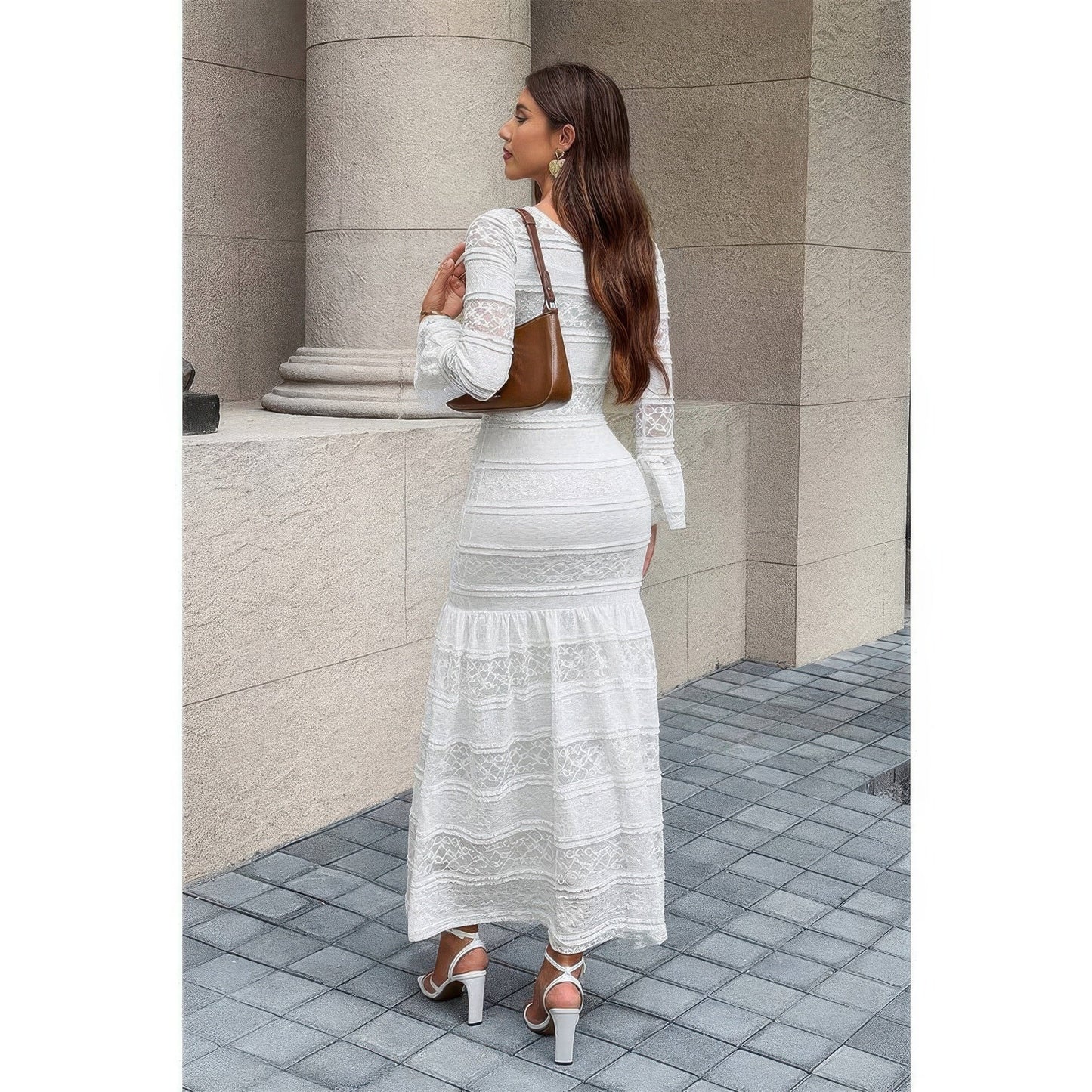 Lace Mermaid Round Neck Solid Maxi Dress