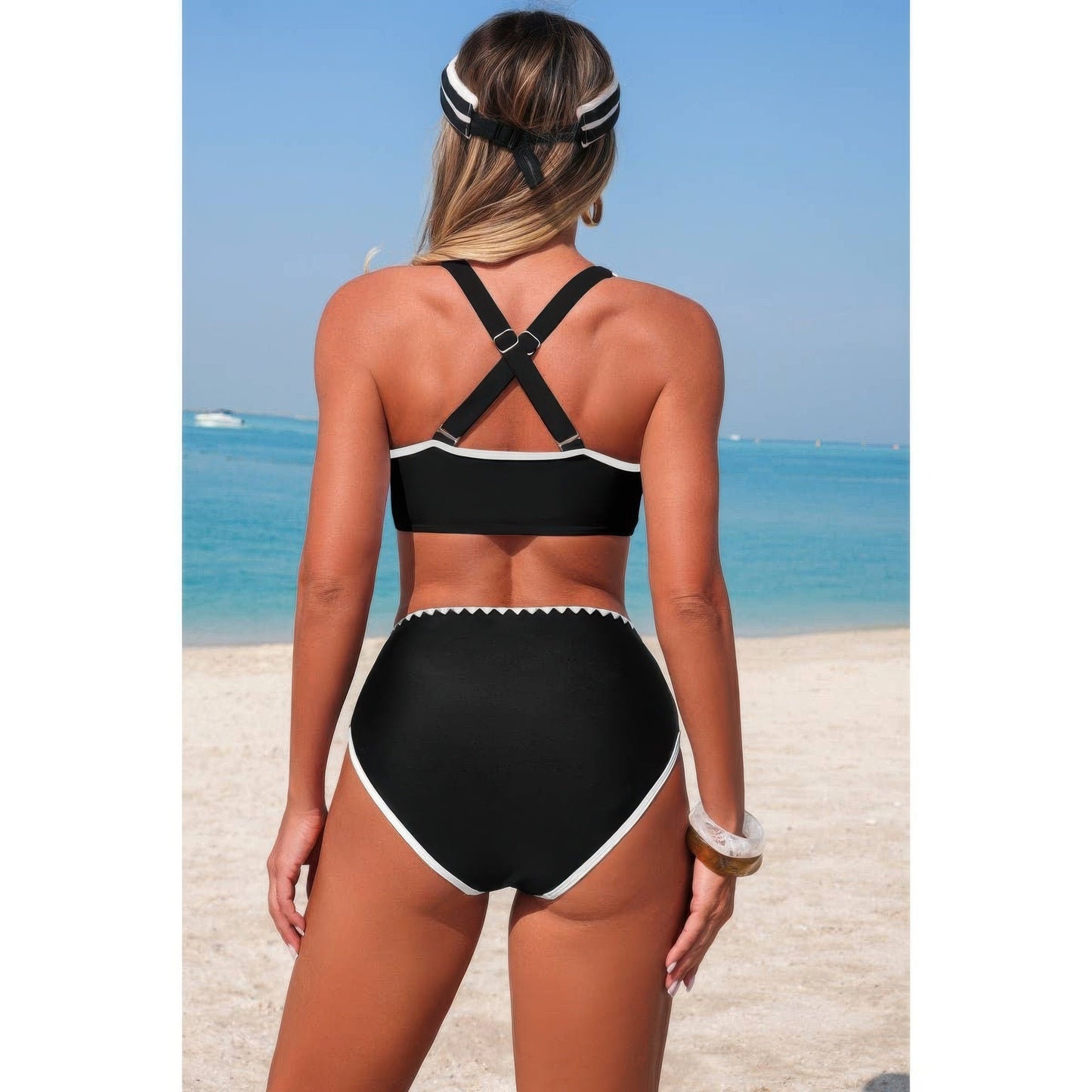 Two Piece Tie Knot Contrast High Waisted Bikini