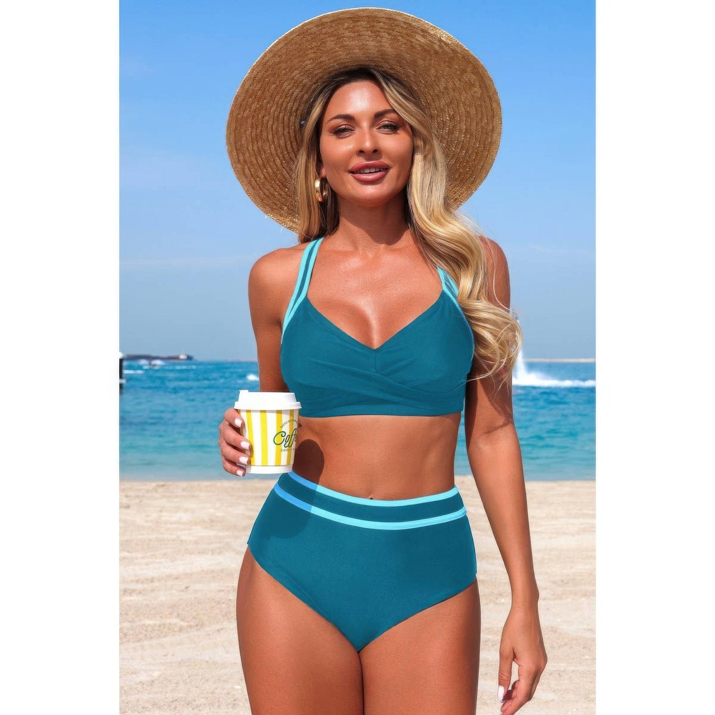 Two Piece High Waisted Cross Contrasting Bikini