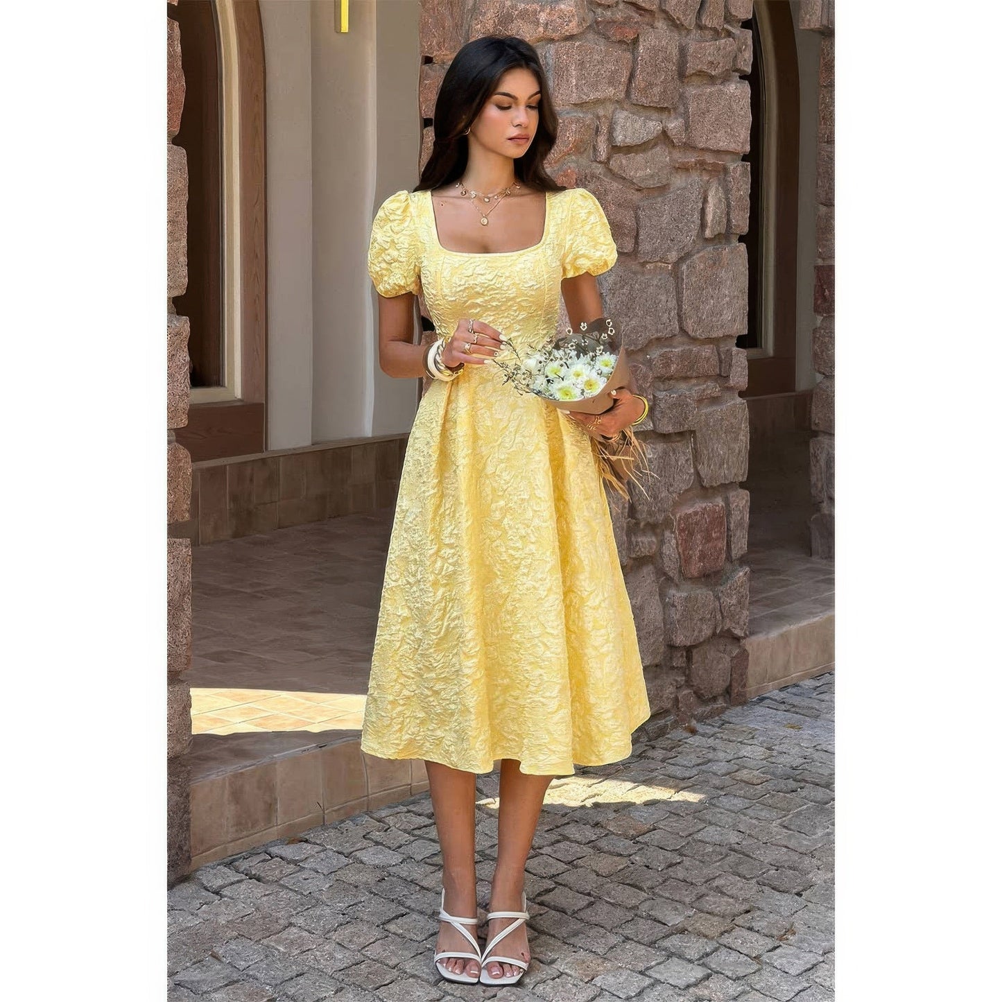 Solid Square Neck Puff Sleeve Midi Dress