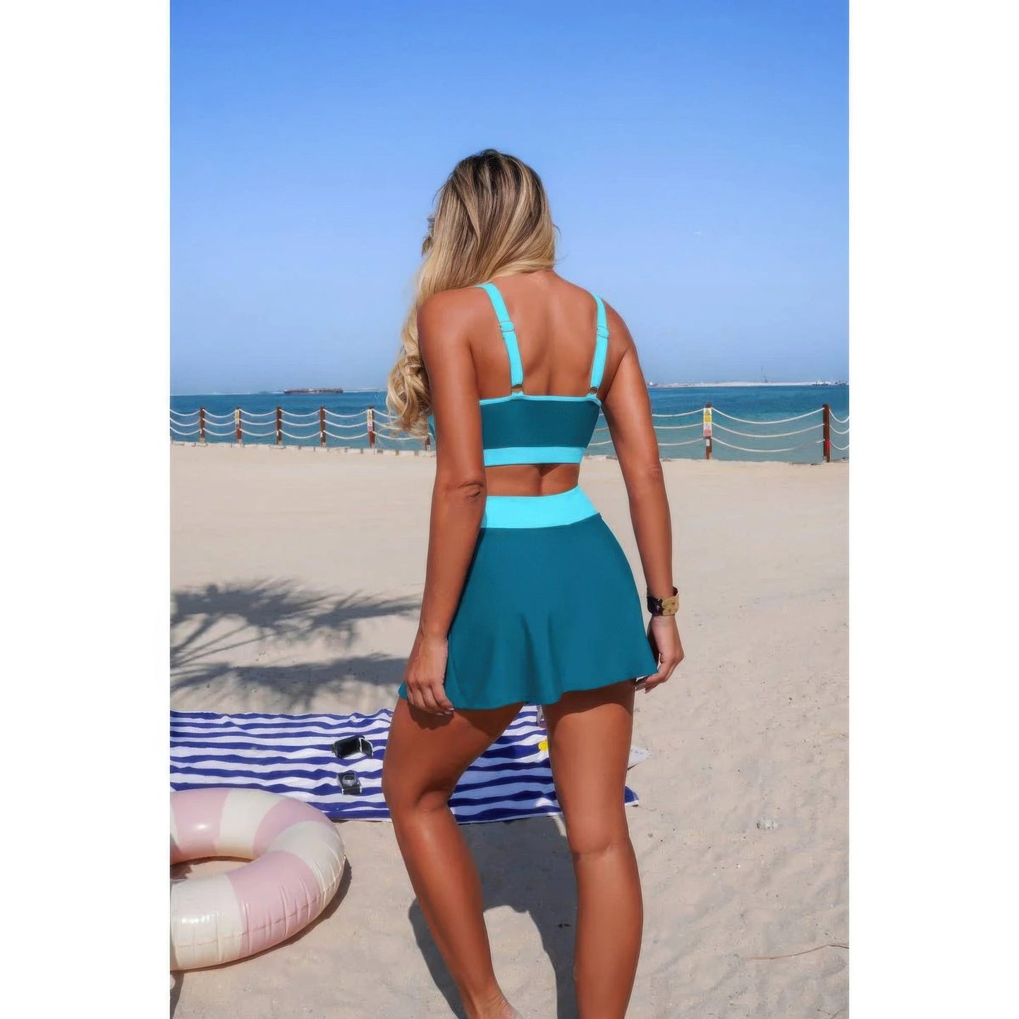 Two Piece Color Block High Waist Tie Up Bikini