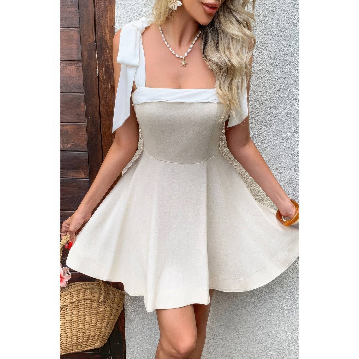 Square Neck Shoulder Tie Neck Dress