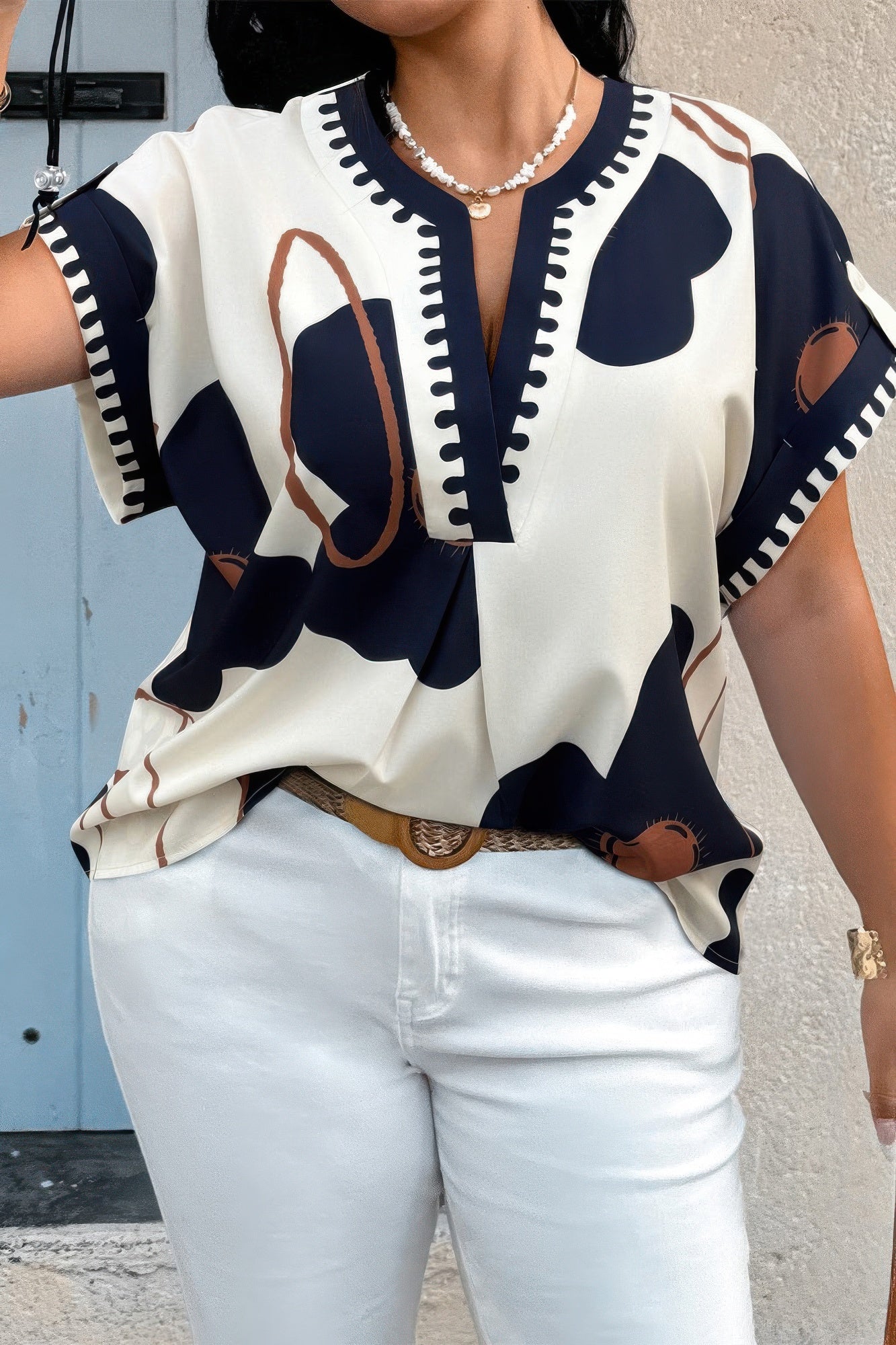 Plus Size Notch V Neck Floral Short Sleeve Shirt