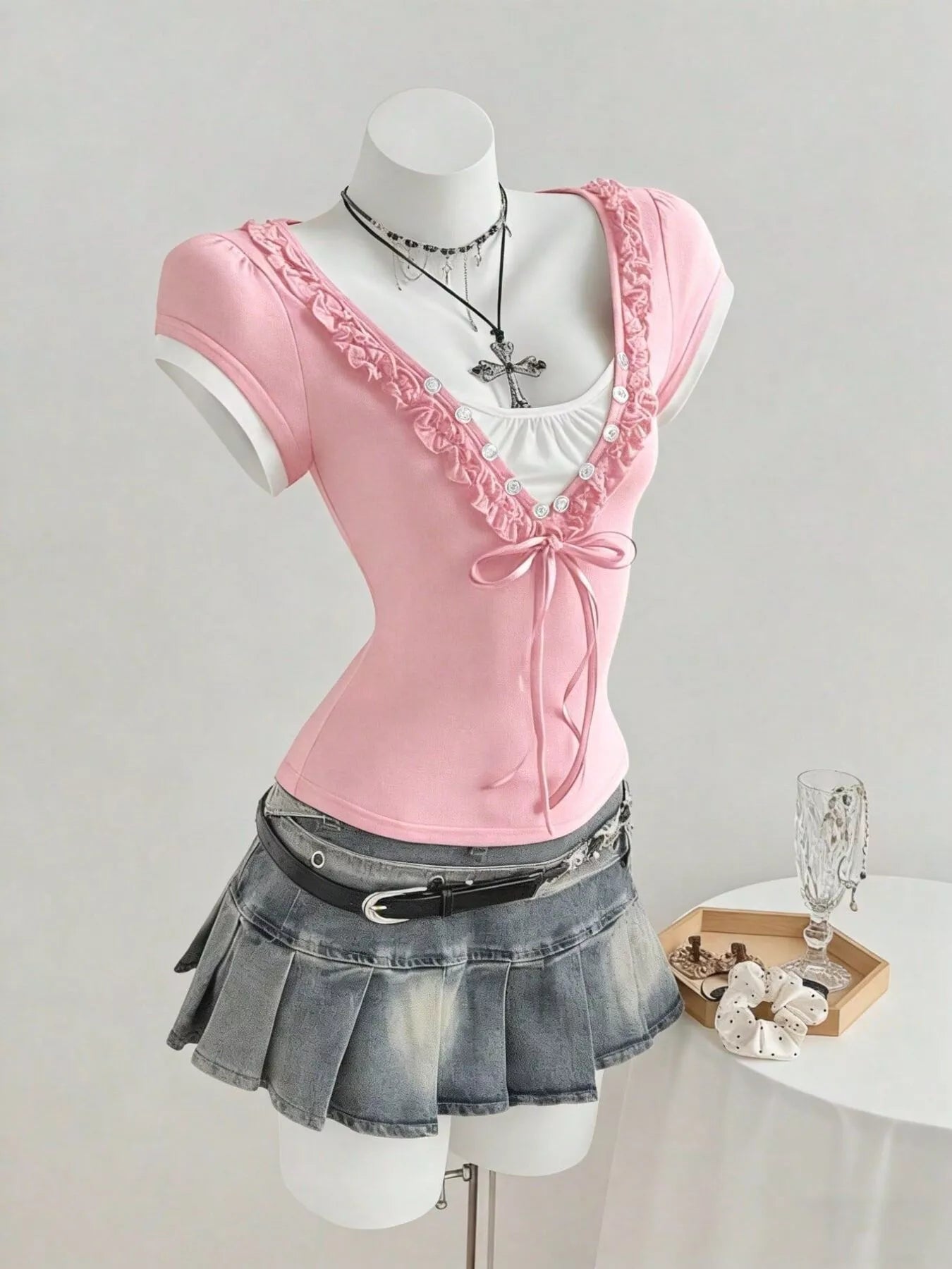 Pink Frill Cap Sleeve Slim Fit T-Shirt