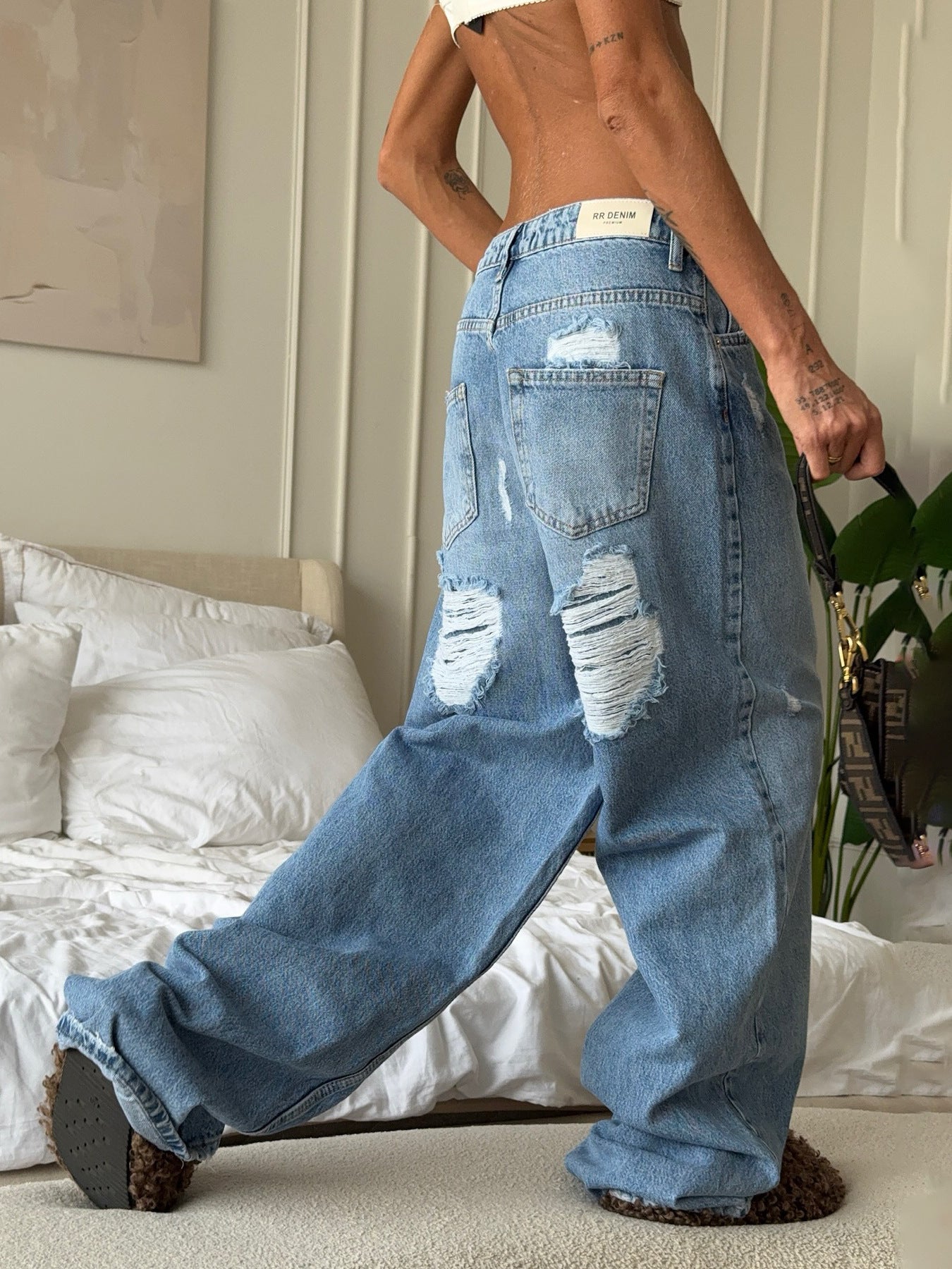 Distressed Washed Wide Leg Denim Jeans