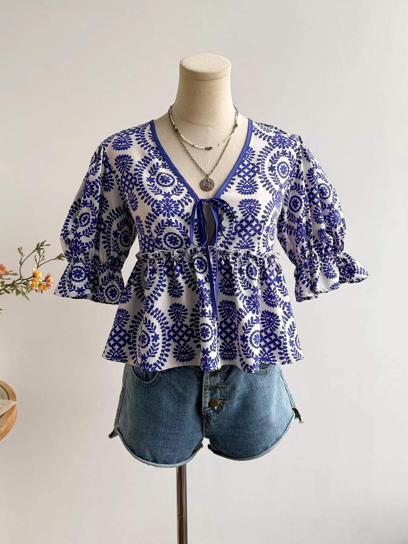 Navy Floral Tie Front Blouse