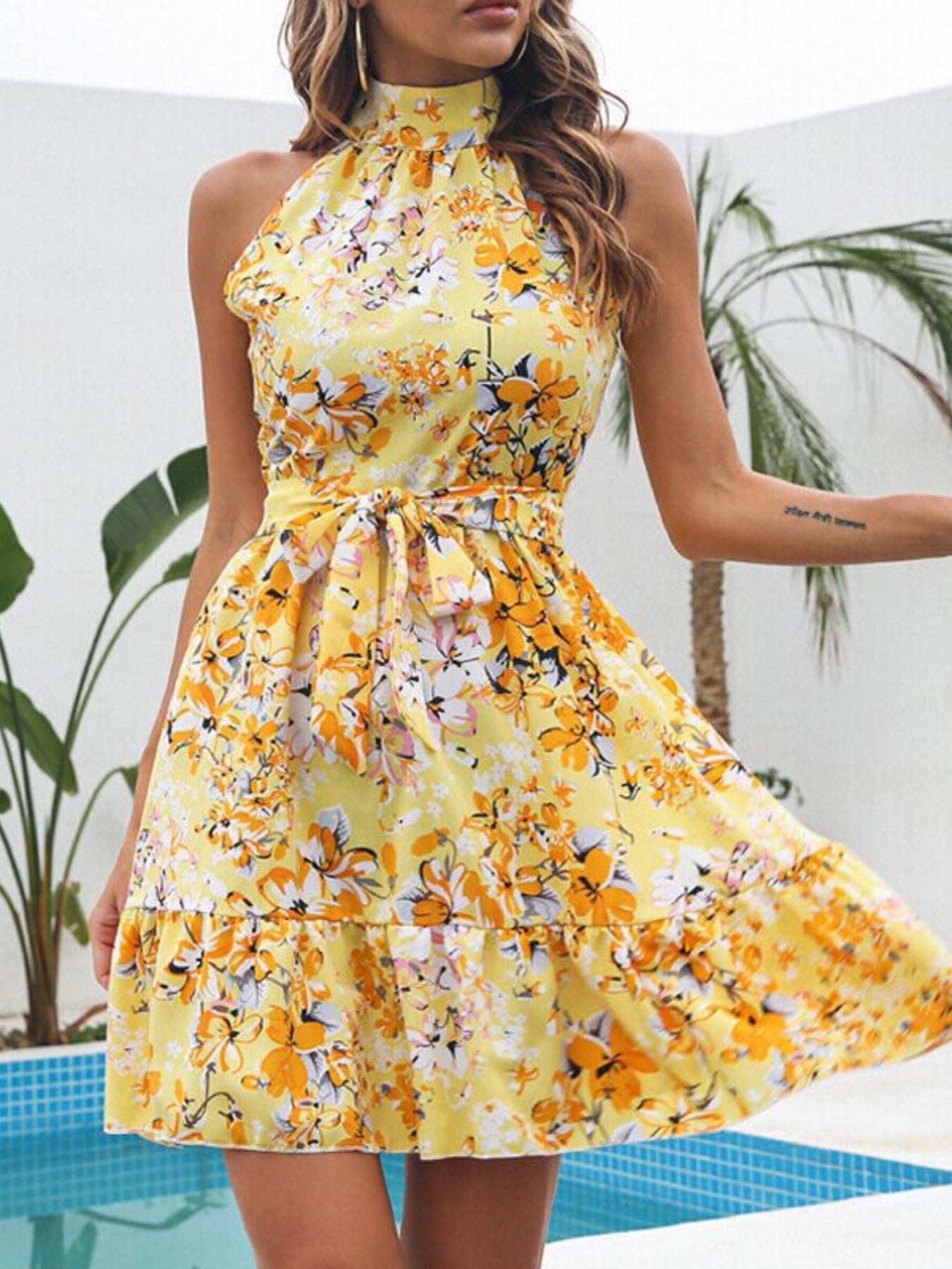 Floral Tie Waist Halter Neck Ruffle Mini Dress