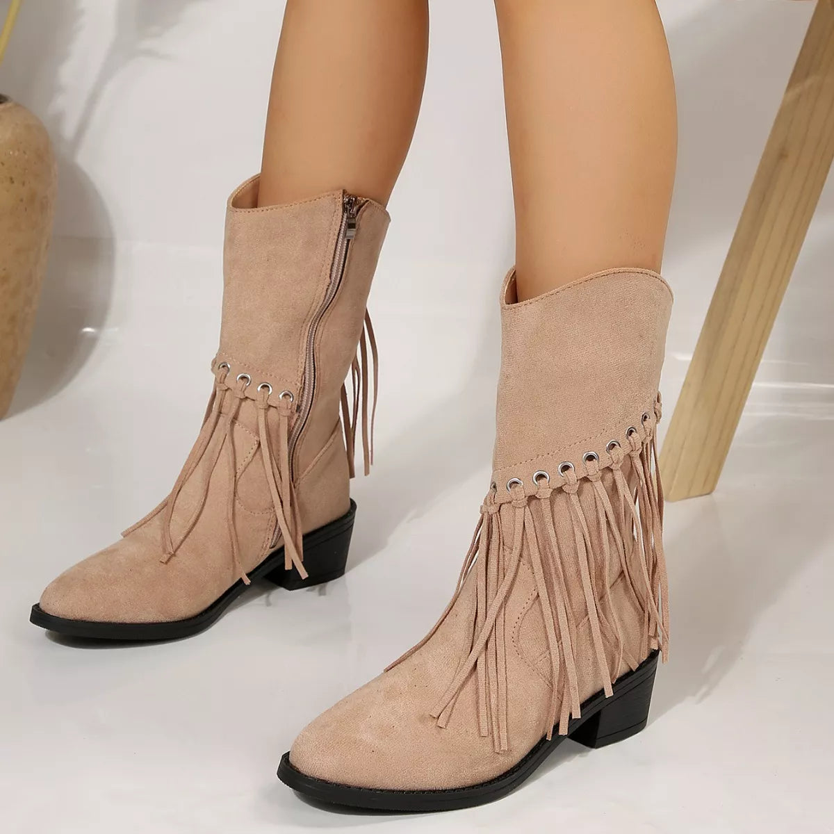 Fringe Western Block Heel Boots