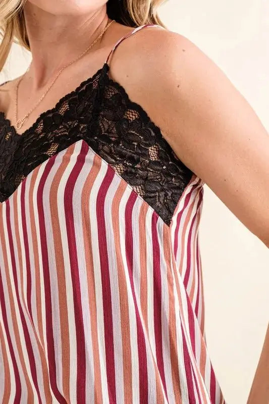 Cami Top - Stripe Print & Lace Detail - Sleeveless