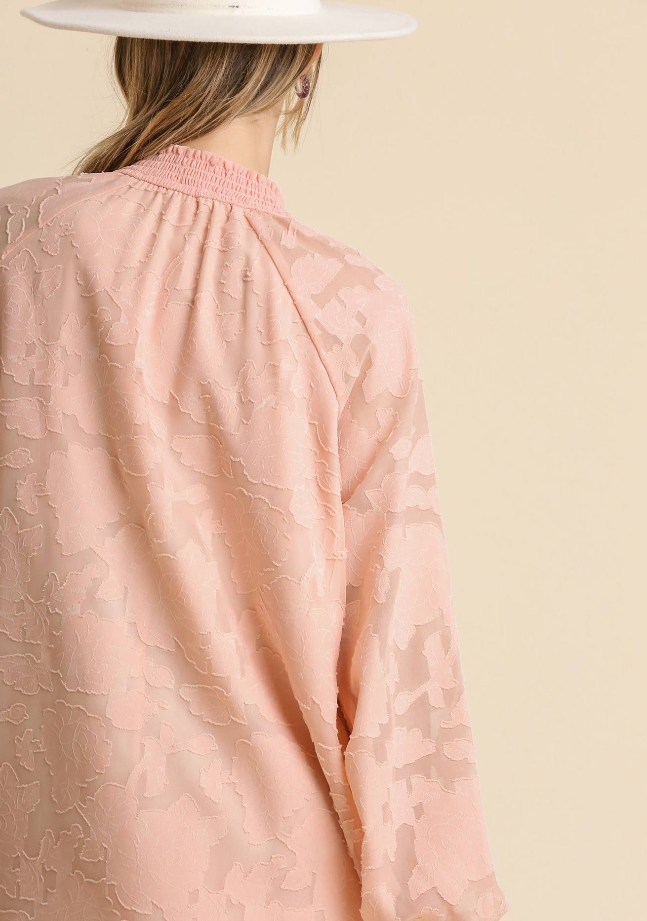 Jacquard Raglan Smocked Tie Neck Yoke Dress, Blush