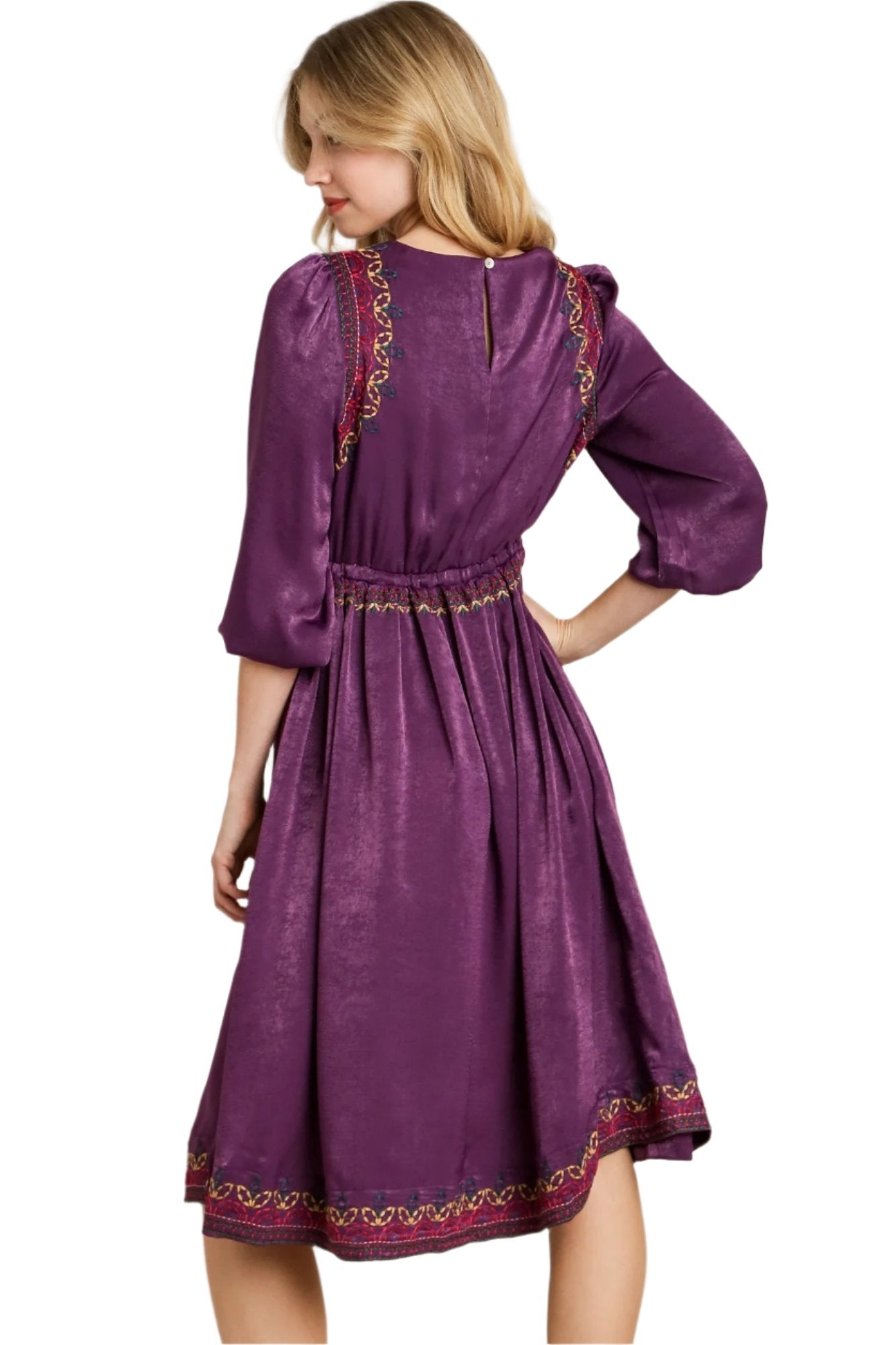 Purple Satin Round Neck Embroidery Midi Dress