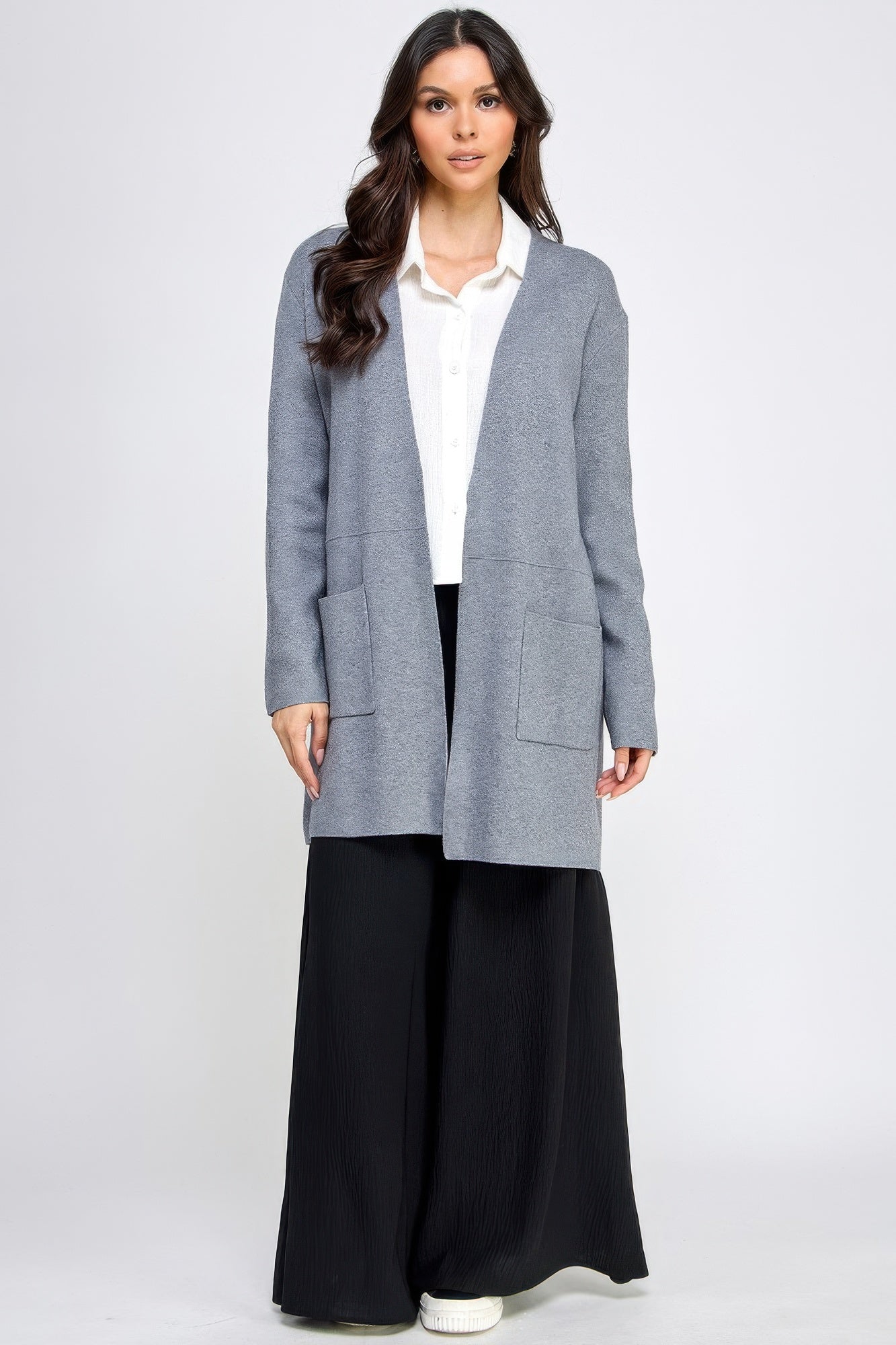 Basic Grey Soft Long Line Open Front Sweater Cardigan