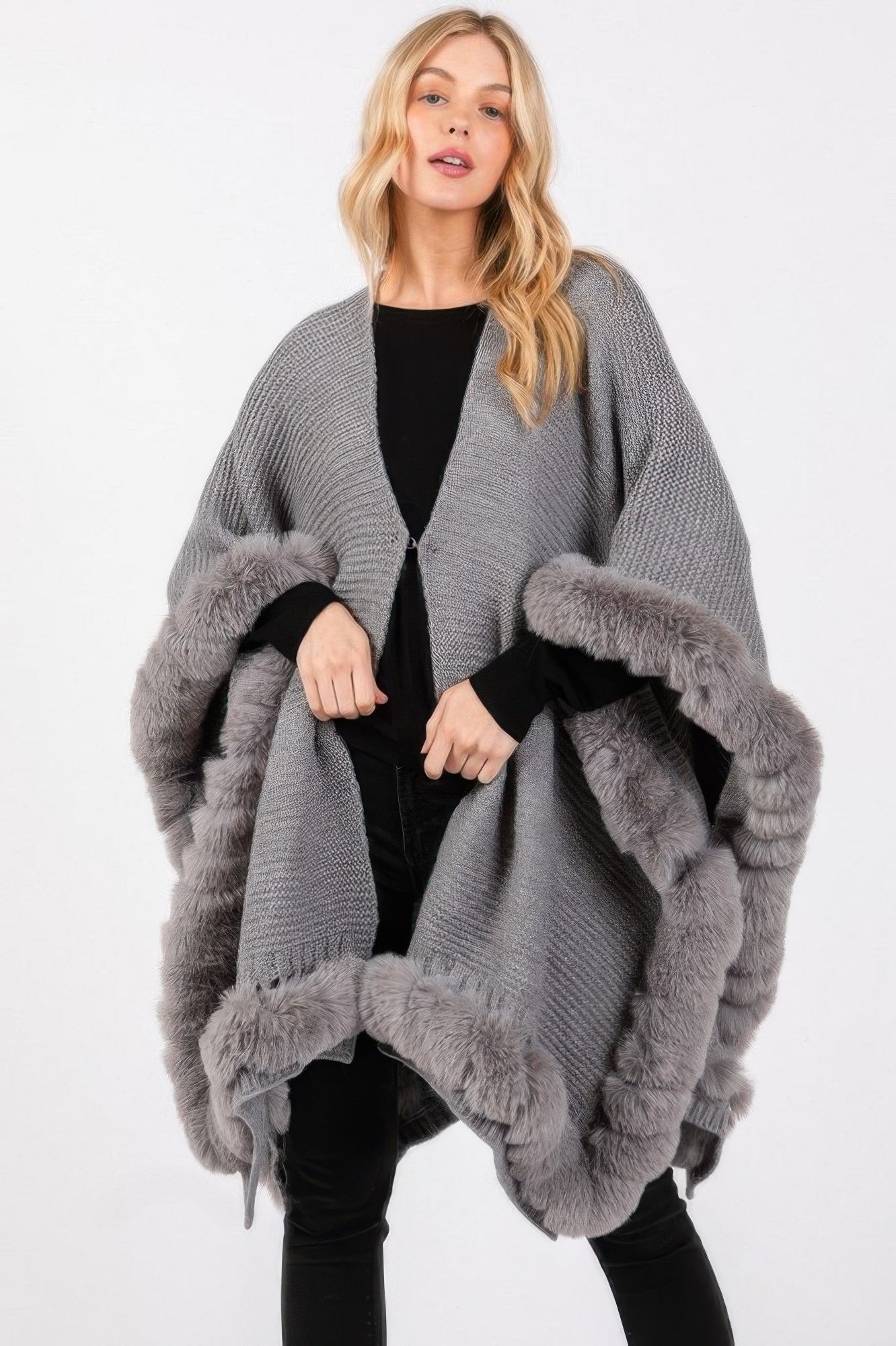 Faux Fur Trim Cape With Closure