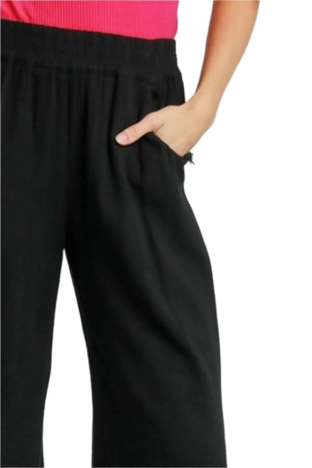 Black Linen Blend Elastic Waistband Wide Leg Pants