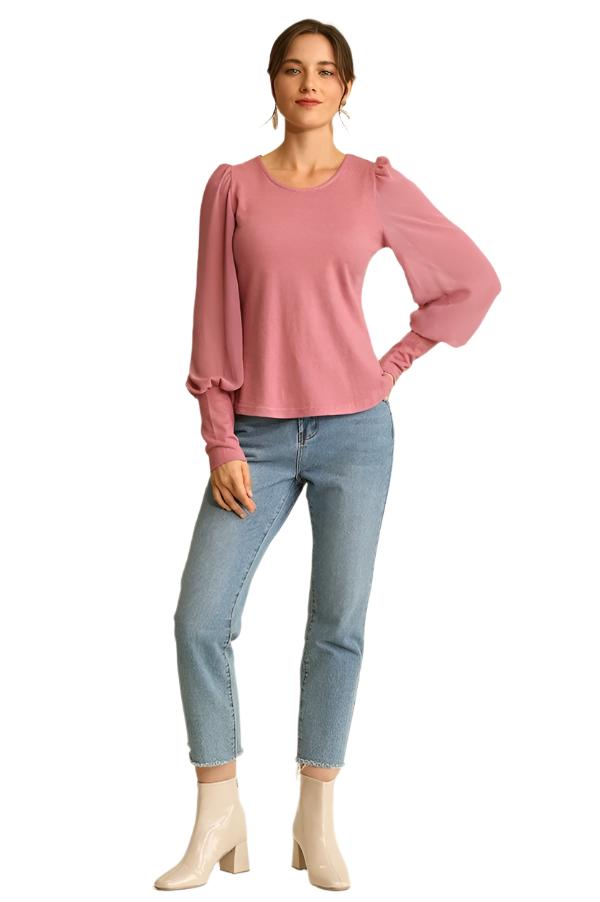 Solid Knit and Chiffon Mixed Top with Puff Long Sleeves