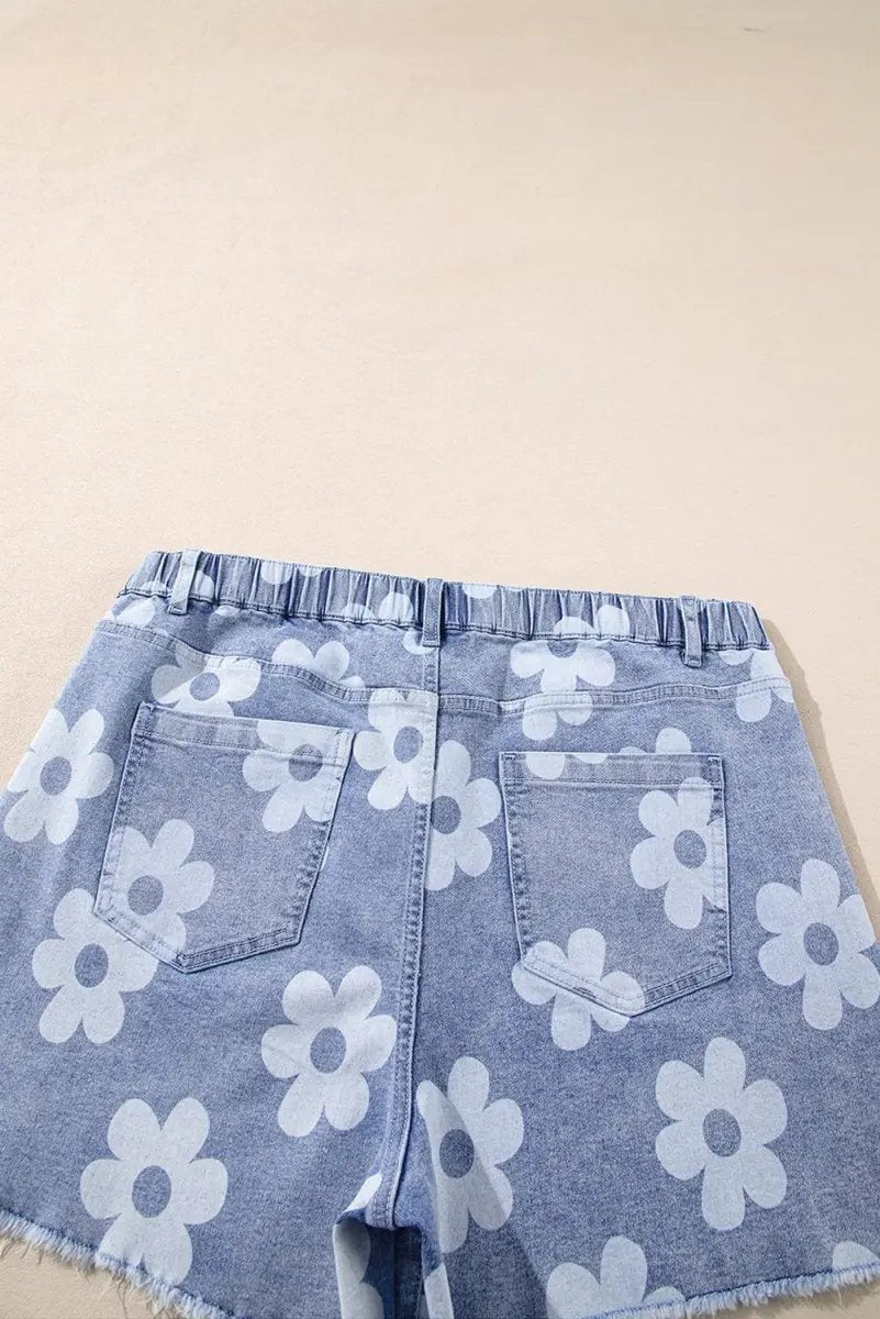 Shorts Love Salve Ashleigh Blue Floral Pattern High Waist Raw Hem