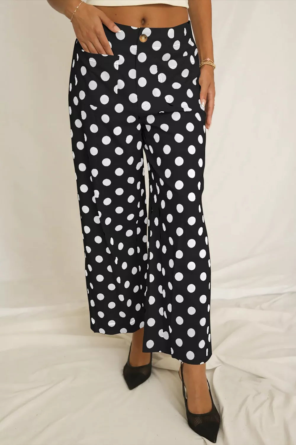 Polka Dot Print Patched Pocket Mid Rise Straight Leg Pants