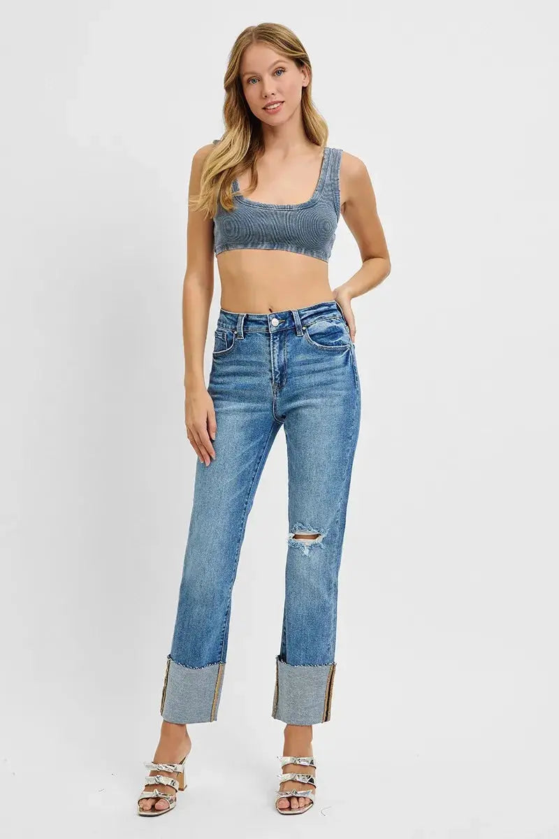 RISEN Jeans - Plus Size High Rise Straight Wide Cuffed Jeans