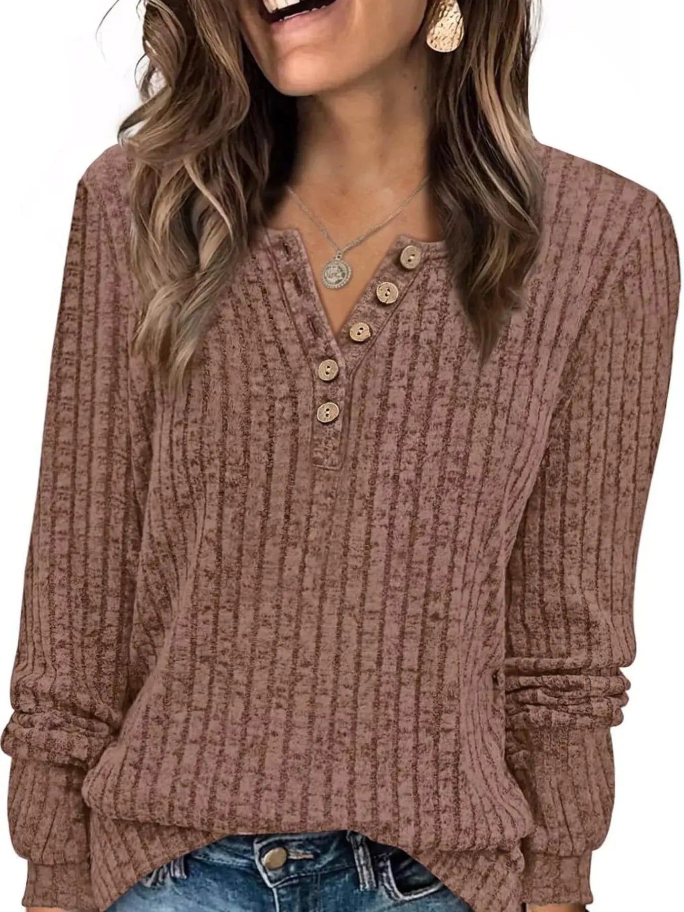 Ribbed Knit Button Front Long Sleeve T Shirt