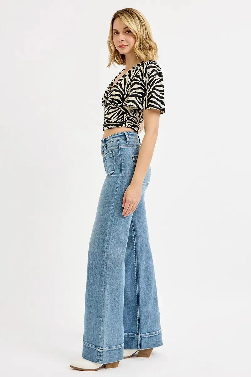 High Waist Wide Flare Patch Pocket RISEN Jeans – Full Size