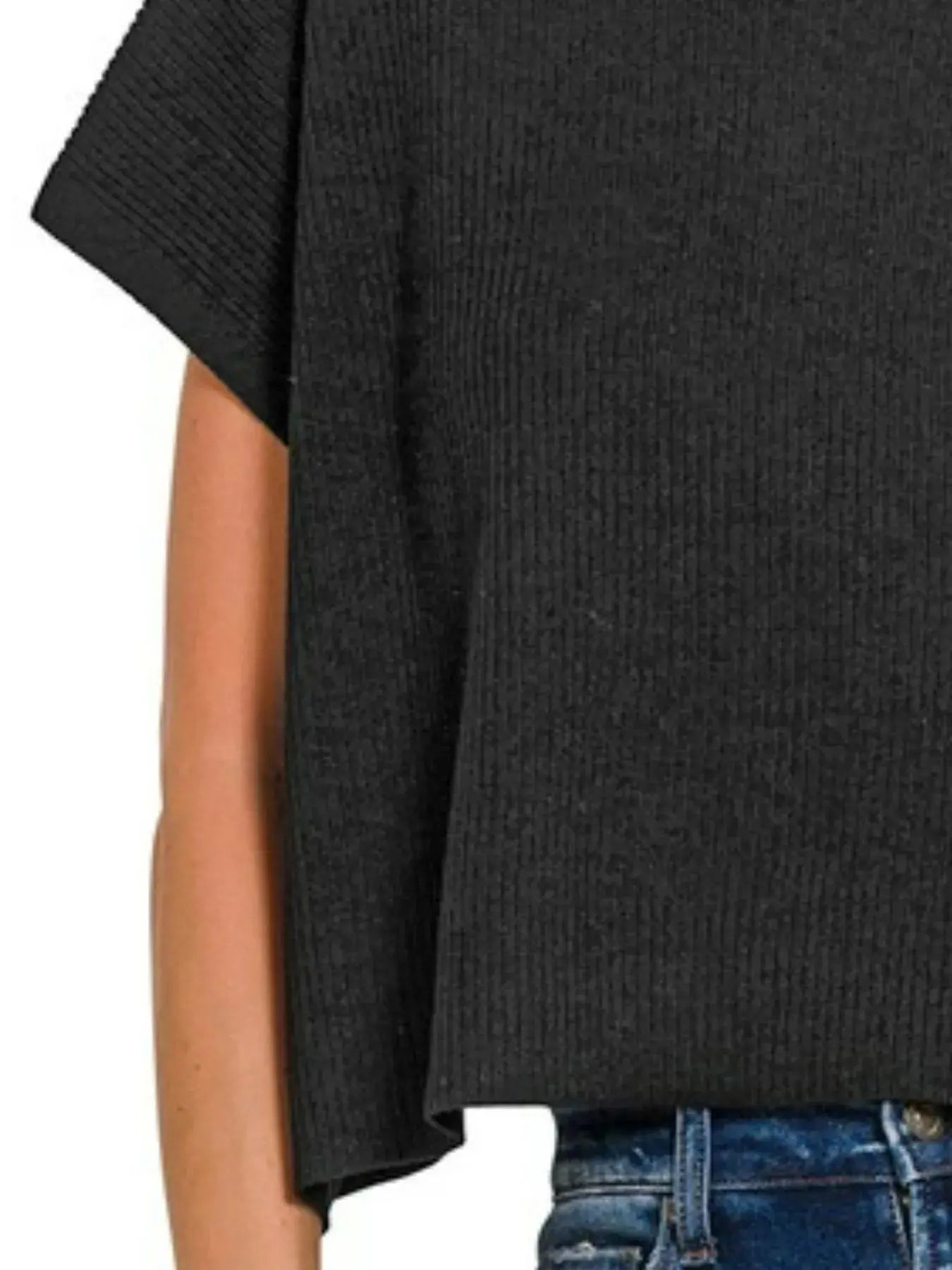 Zenana Black Viscose Mock Neck Short Sleeve Boxy Sweater