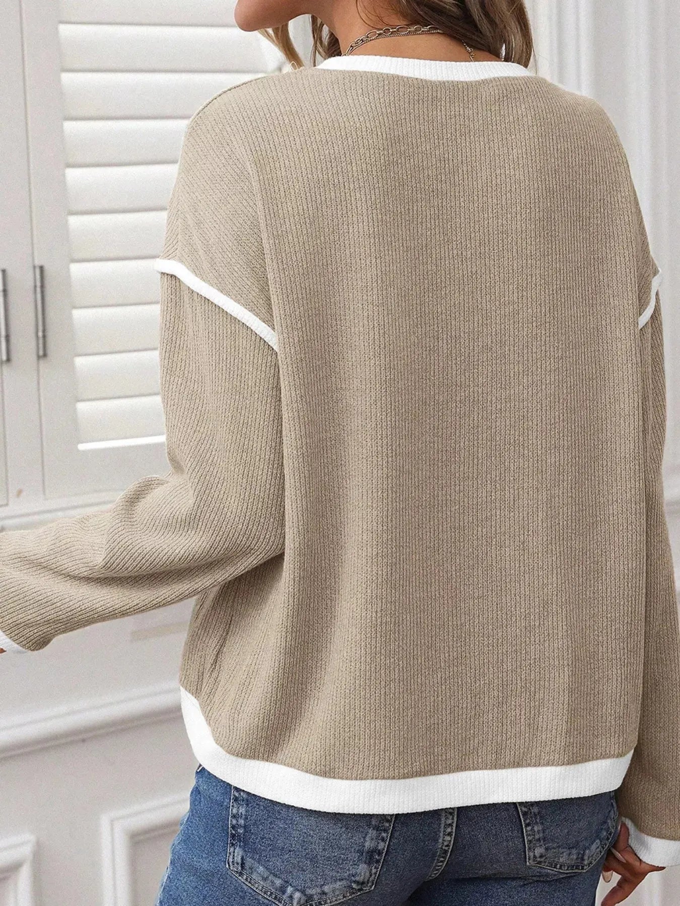 Contrast Color Trim Knit Loose Drop Shoulder Top