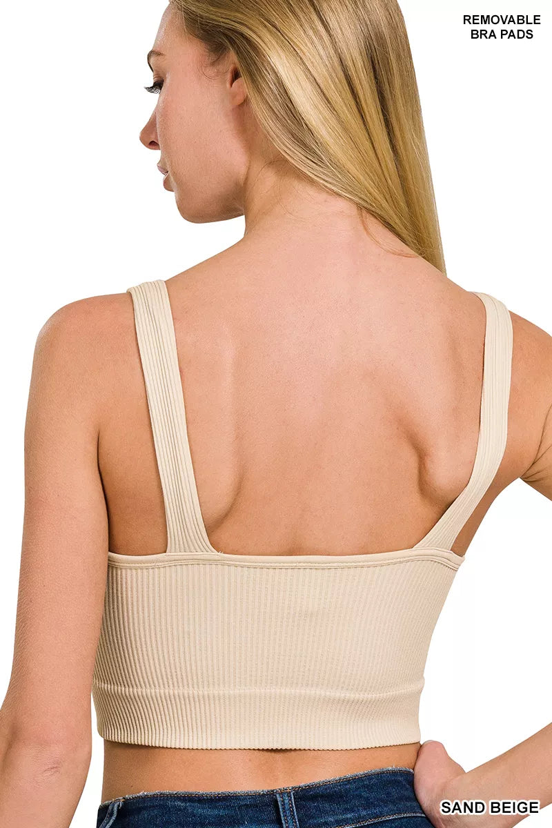 Zenana Seamless Ribbed Cropped Bra Padded V Neck Tank Top