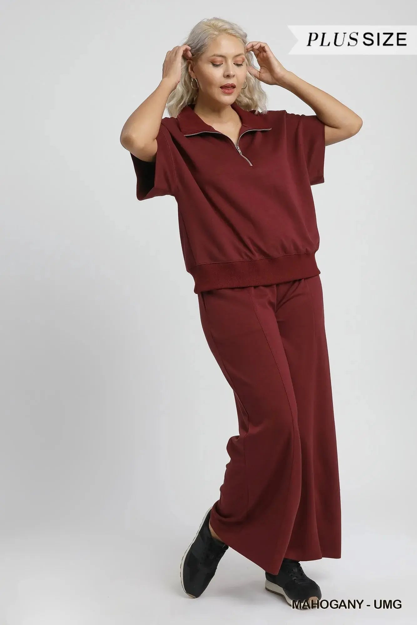 Umgee Plus Size Half-Zip Short Sleeve Top
