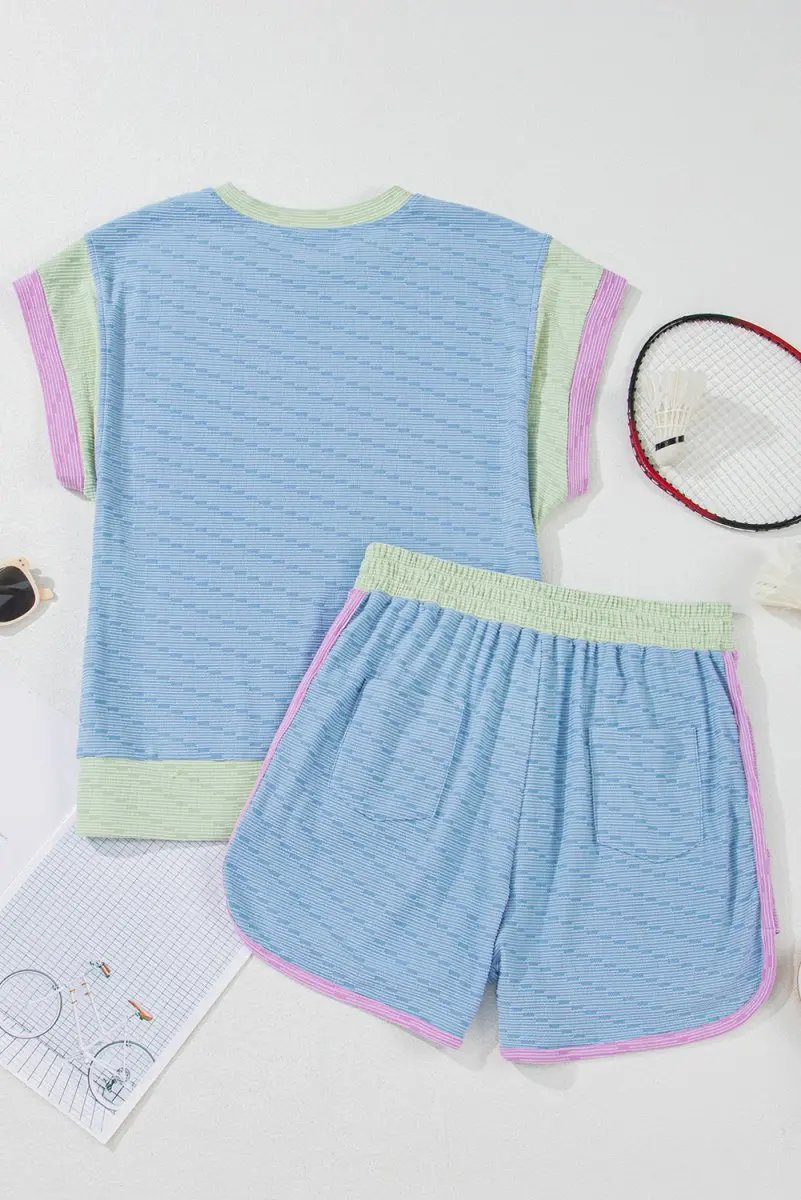 T-Shirts Love Salve Beau Blue Corded Knit Contrast Trim Round Neck