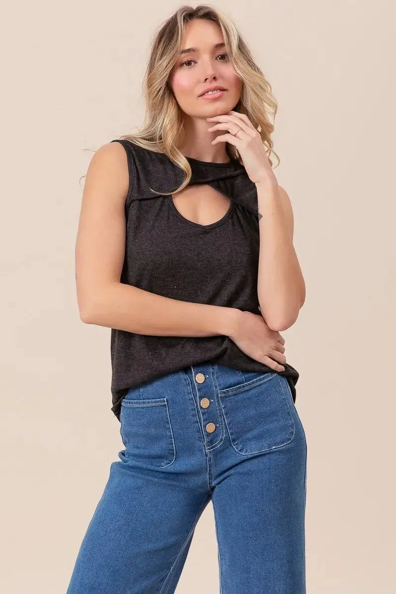 Pants Trendsi Rib Knit Cut Out Top Women's Casual Sleeveless Tank Top - USA Ship