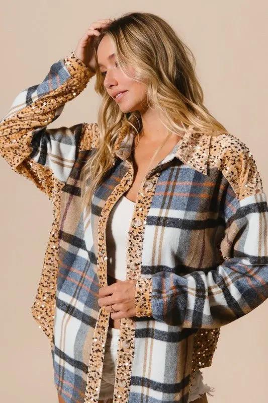 Shirts Trendsi Sequin Plaid Shacket Women's Casual Button Up Shirt - Curved Hem, Trendy