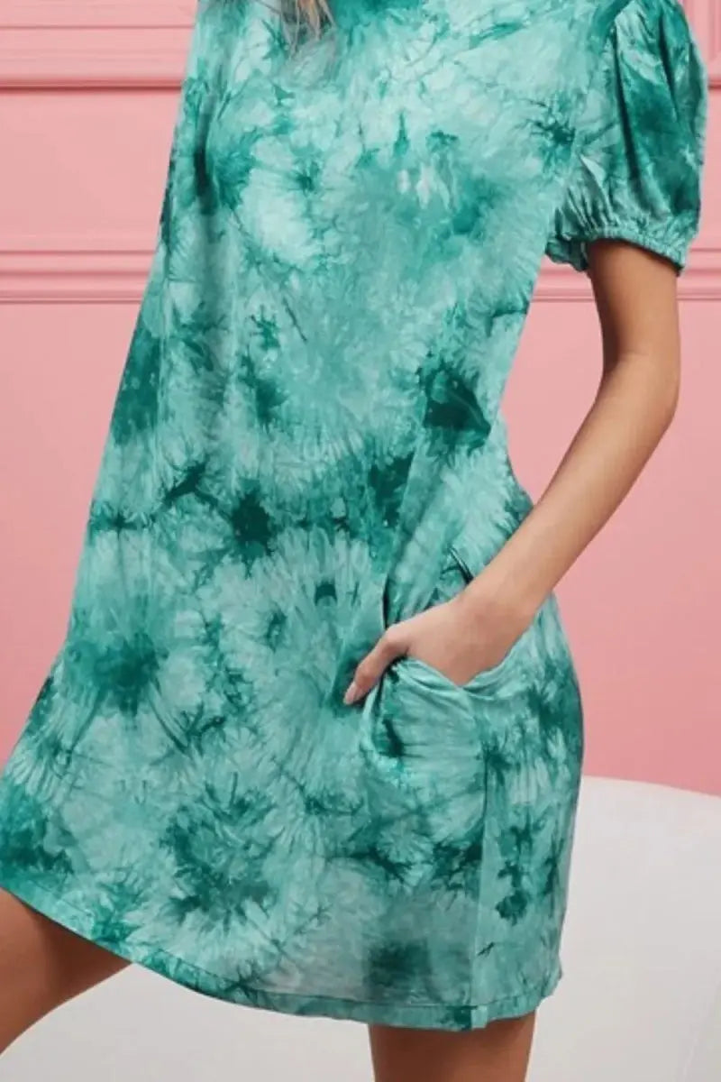 Women's Casual Dress Dress - Tie Dye, Side Pockets, Puff Sleeve - Casual Summer