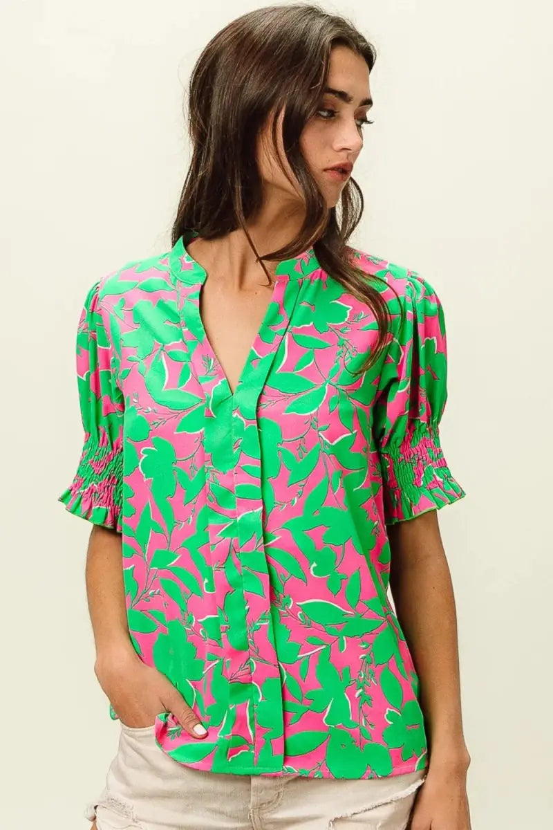 Women's Blouse Smocked Floral Top - Stylish Cuffs - Fashion Blouse